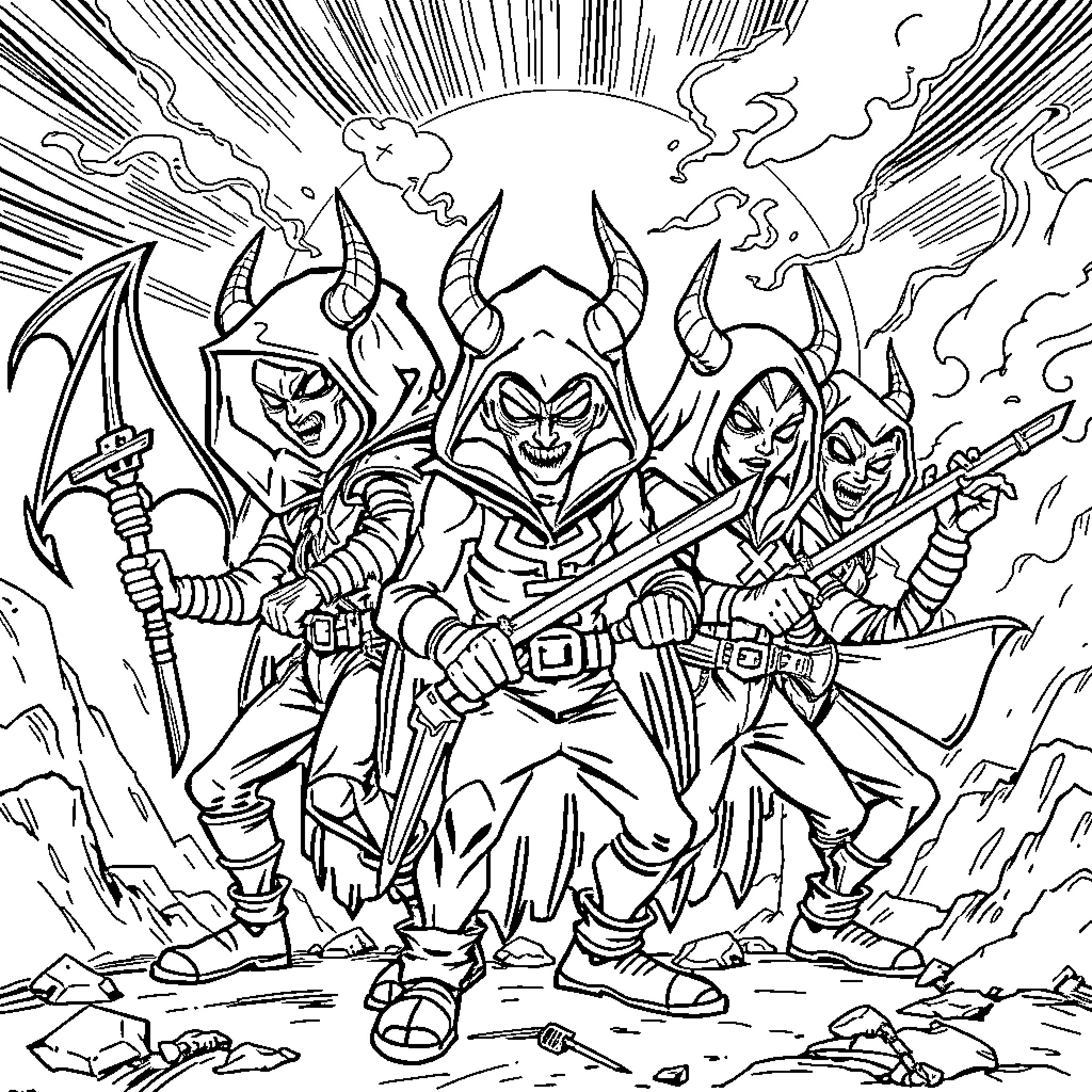 Demon Hunters Battling Fiercely in the Battlefield Coloring Page (free black-and-white line drawing printable PDF for all, from beginners to advanced learners, including children, teens, adults, and seniors)