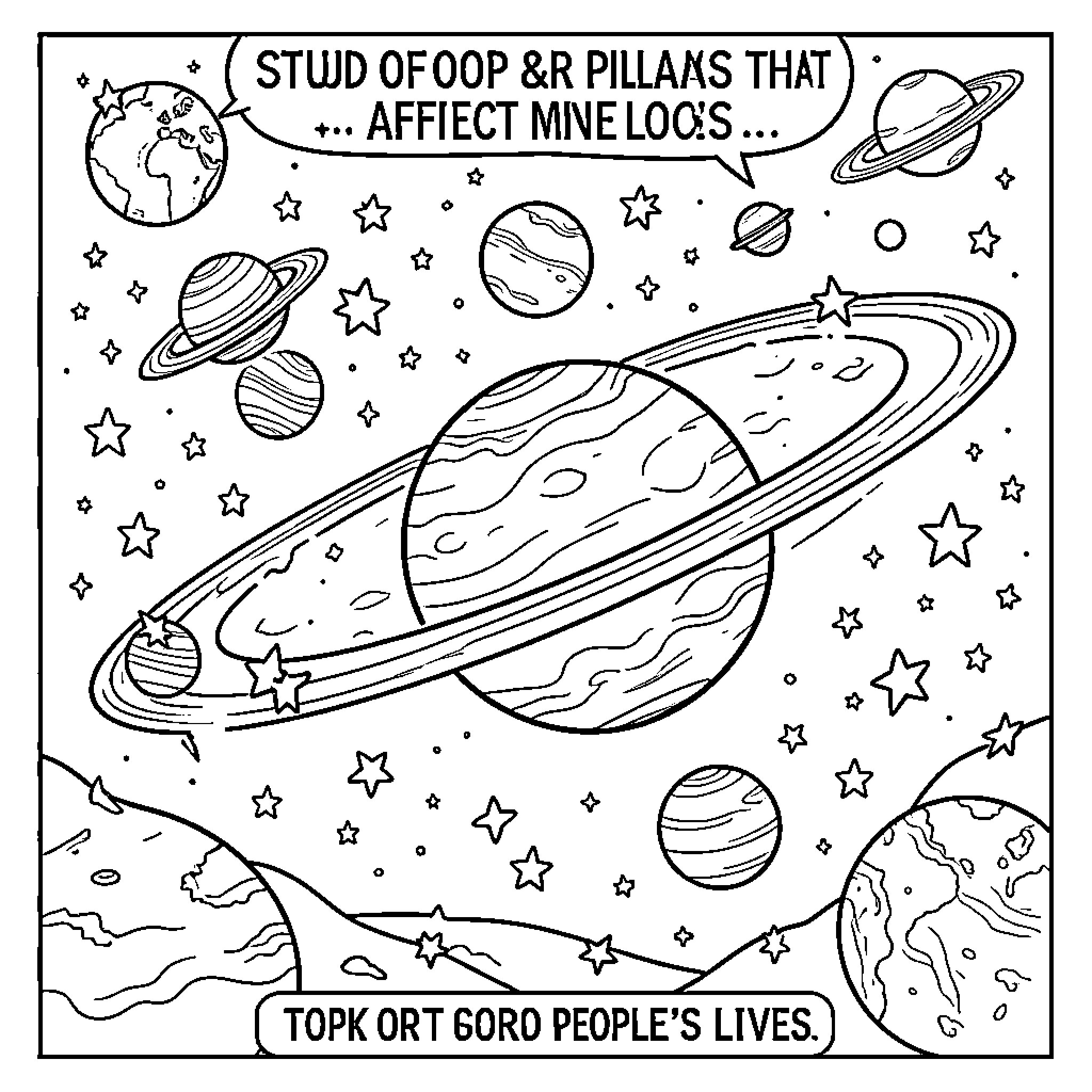 Astrology Planets and Stars in Cosmic Scenery Coloring Page (free black-and-white line drawing printable PDF for all, from beginners to advanced learners, including children, teens, adults, and seniors)