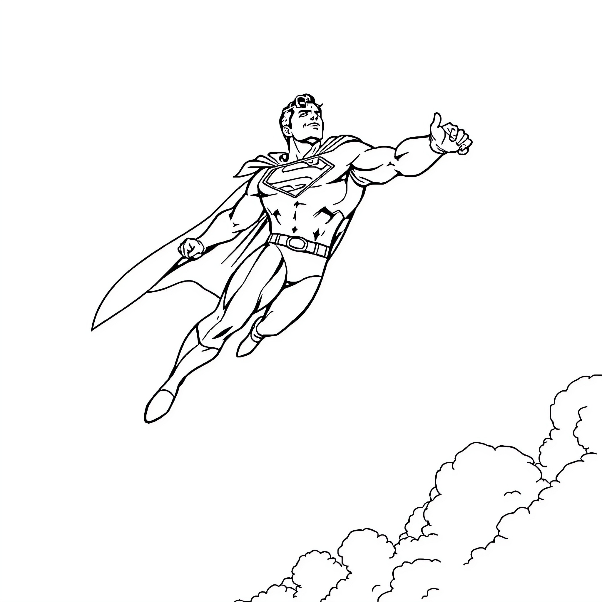 Superman soaring through the clouds with determination Coloring Page (free black-and-white line drawing printable PDF for all, from beginners to advanced learners, including children, teens, adults, and seniors)