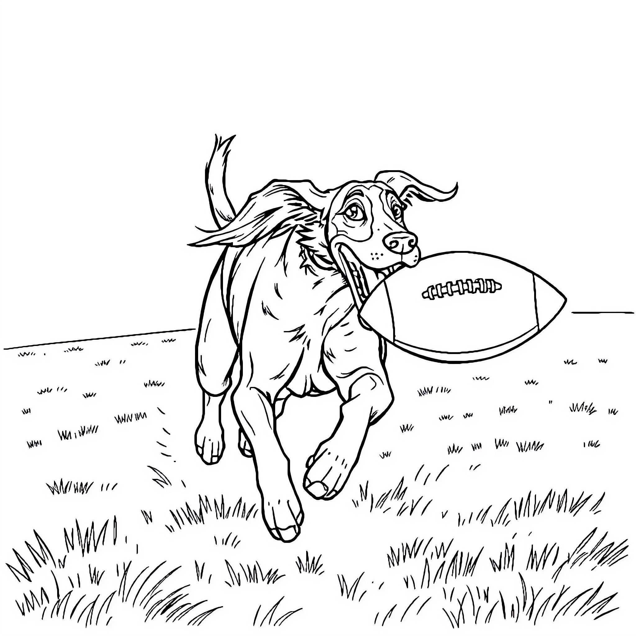 Saluki playing with a football on the field Coloring Page (free black-and-white line drawing printable PDF for all, from beginners to advanced learners, including children, teens, adults, and seniors)
