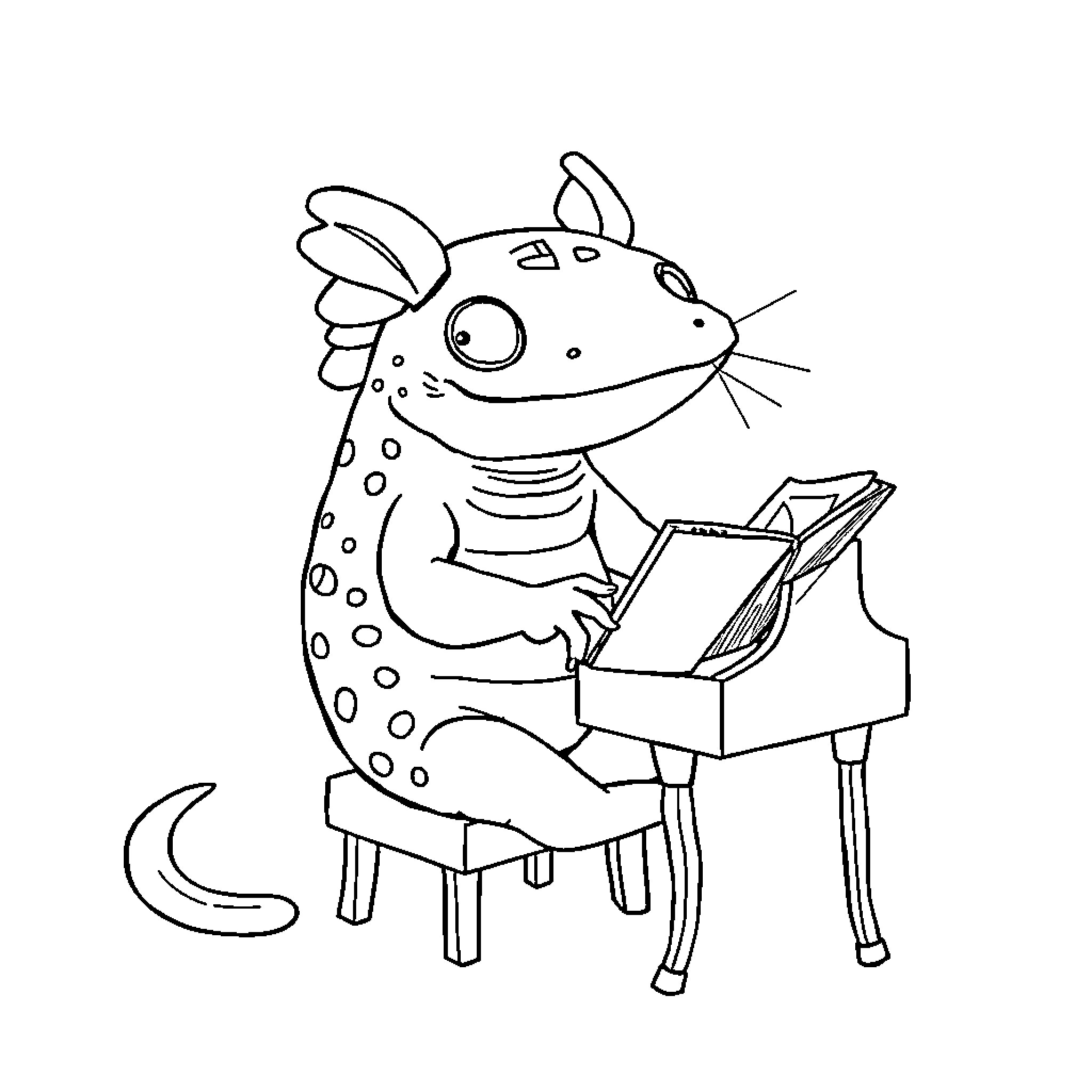 Axolotl reading a book at a desk Coloring Page (free black-and-white line drawing printable PDF for all, from beginners to advanced learners, including children, teens, adults, and seniors)