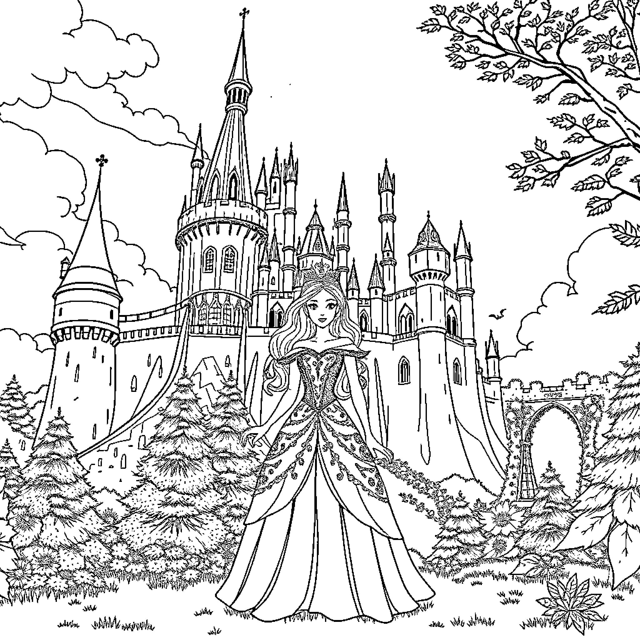 Princess in a Magnificent Castle Surrounded by Nature Coloring Page (free black-and-white line drawing printable PDF for all, from beginners to advanced learners, including children, teens, adults, and seniors)