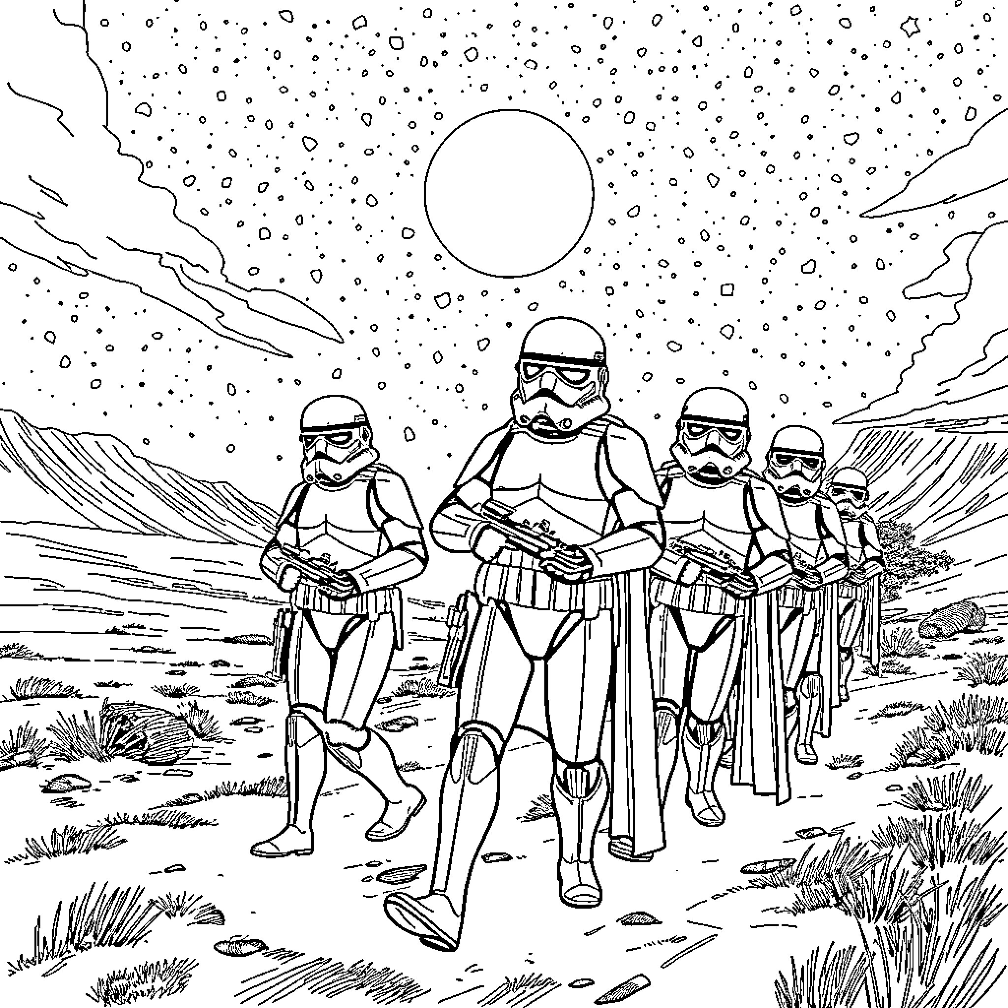 Star Wars Clone Troopers in Snowy Terrain Coloring Page (free black-and-white line drawing printable PDF for all, from beginners to advanced learners, including children, teens, adults, and seniors)