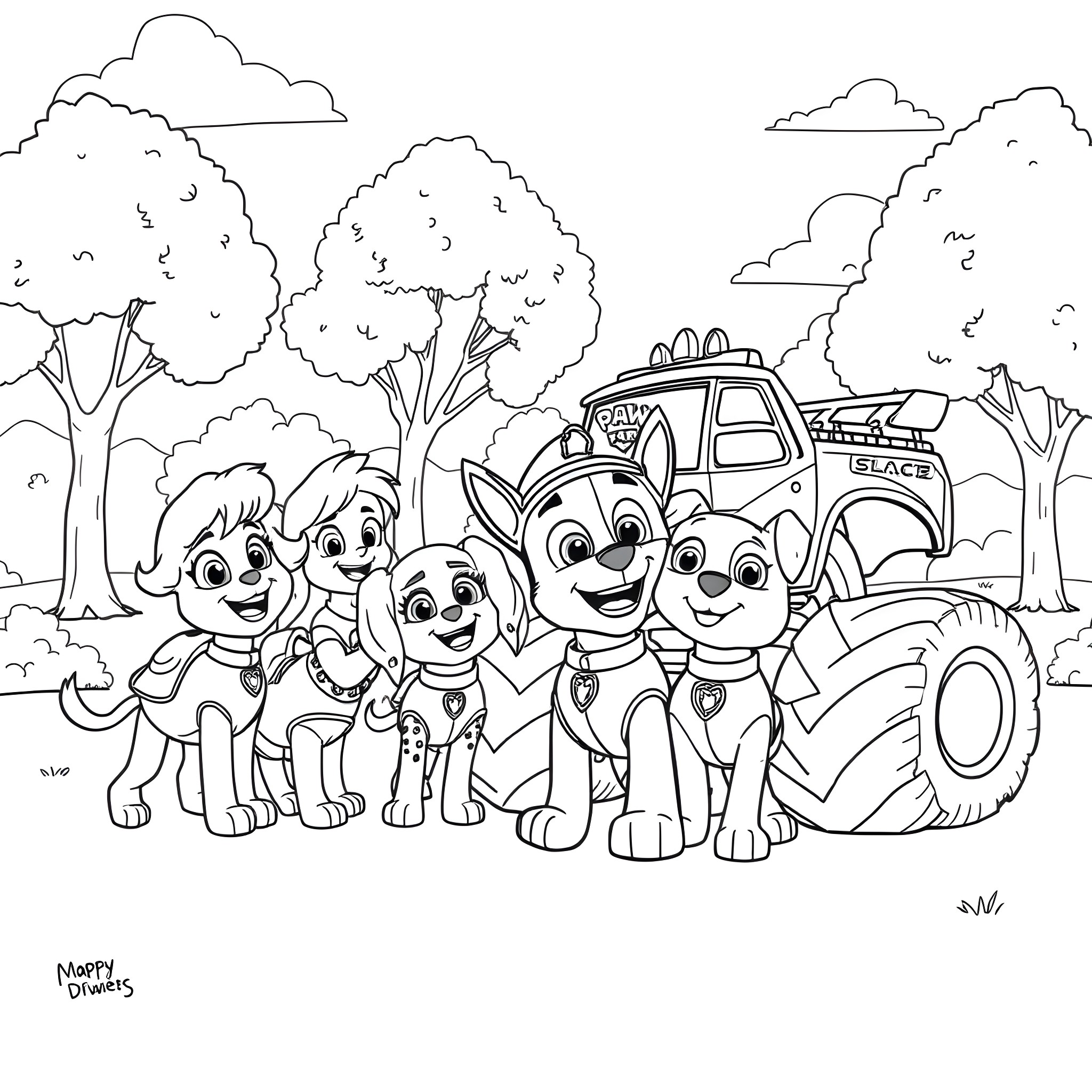 Paw Patrol on an Adventure in the Forest Coloring Page (free black-and-white line drawing printable PDF for all, from beginners to advanced learners, including children, teens, adults, and seniors)