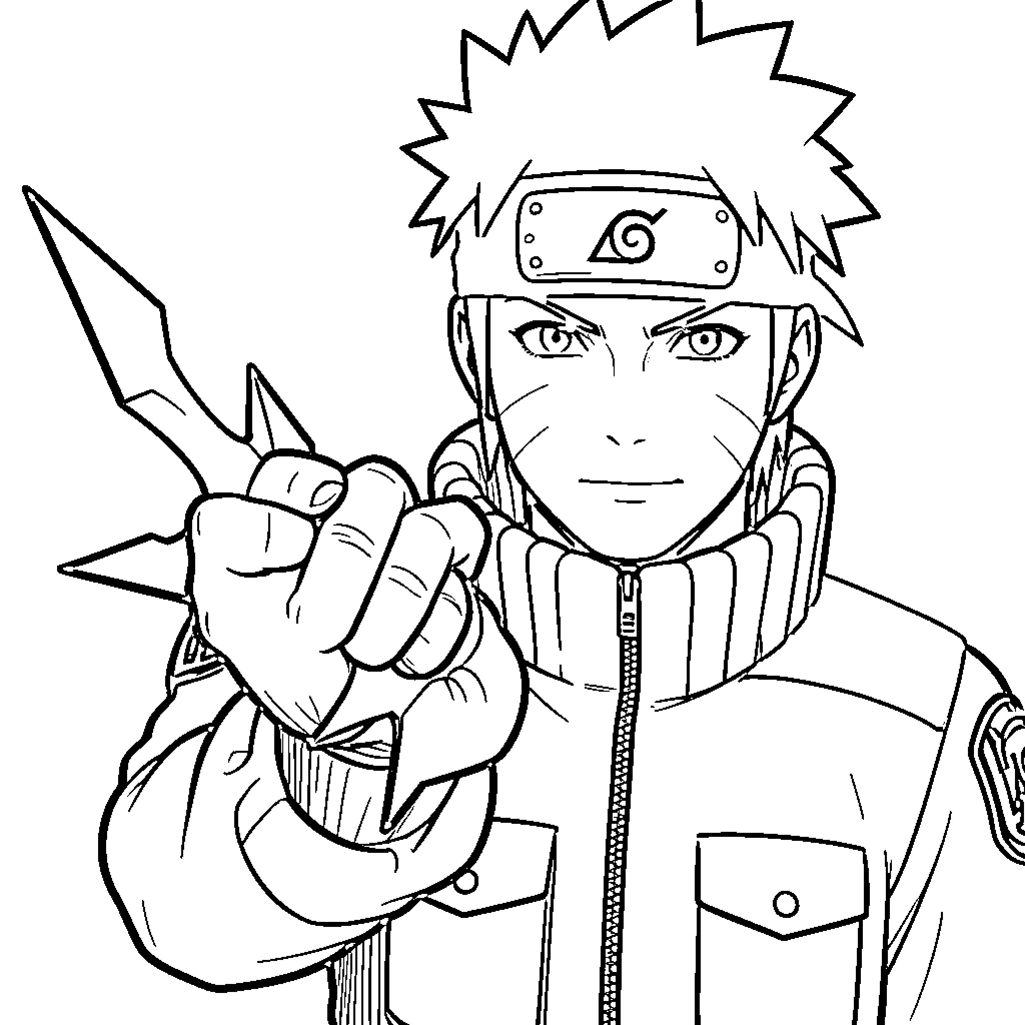 Naruto holding a kunai weapon with a confident expression Coloring Page (free black-and-white line drawing printable PDF for all, from beginners to advanced learners, including children, teens, adults, and seniors)