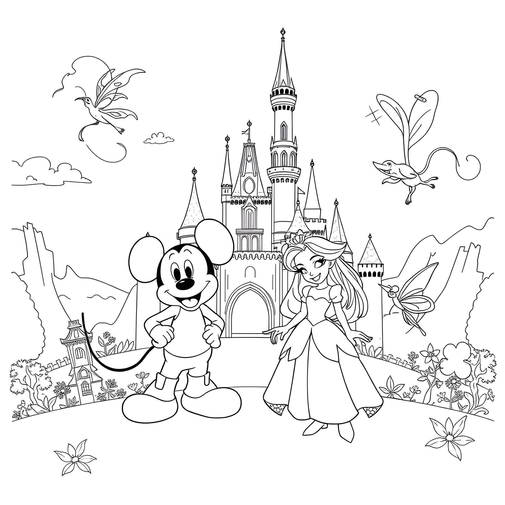 Disney Character Enjoying Castle Scenery with Friends Coloring Page (free black-and-white line drawing printable PDF for all, from beginners to advanced learners, including children, teens, adults, and seniors)
