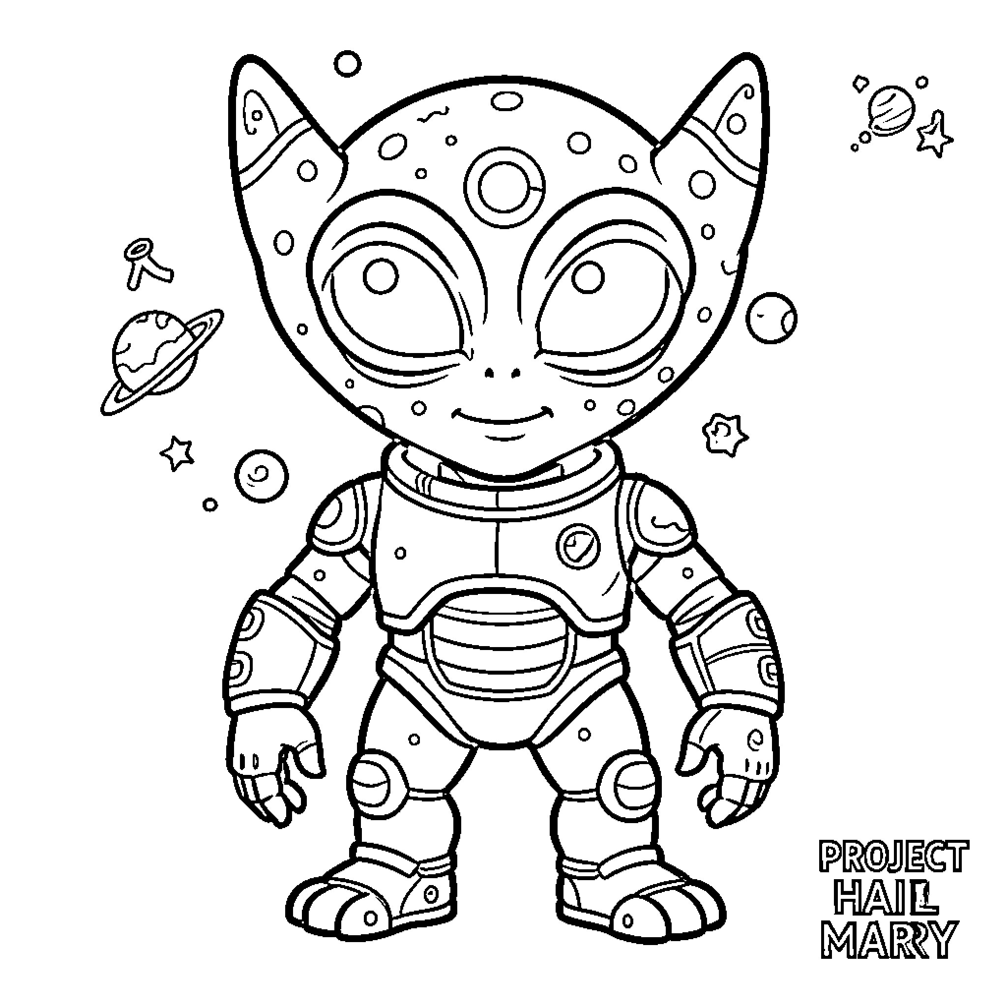 Rocky's Galactic Adventure Coloring Page (free black-and-white line drawing printable PDF for all, from beginners to advanced learners, including children, teens, adults, and seniors)