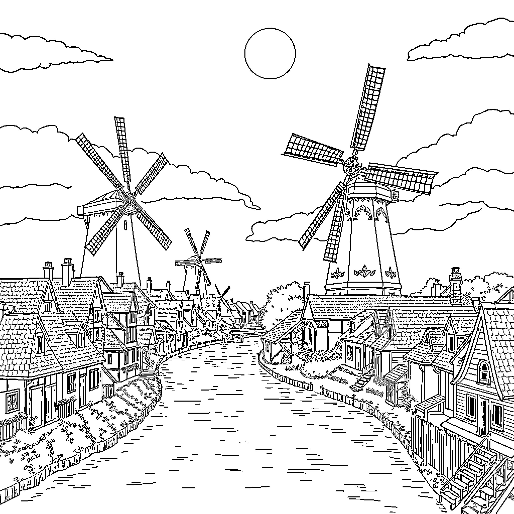 Netherlands Windmills and Traditional Village Scenery Coloring Page (free black-and-white line drawing printable PDF for all, from beginners to advanced learners, including children, teens, adults, and seniors)