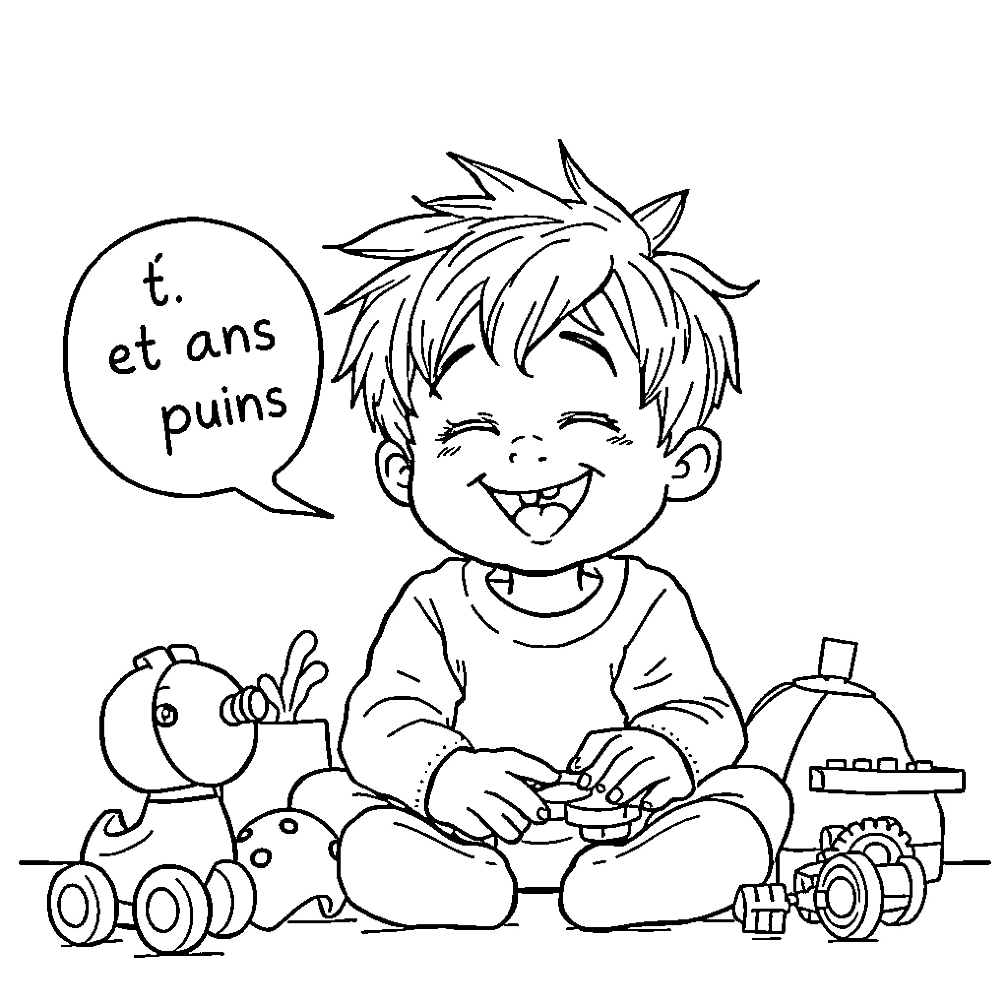 Boy happily playing with toys and smiling Coloring Page (free black-and-white line drawing printable PDF for all, from beginners to advanced learners, including children, teens, adults, and seniors)