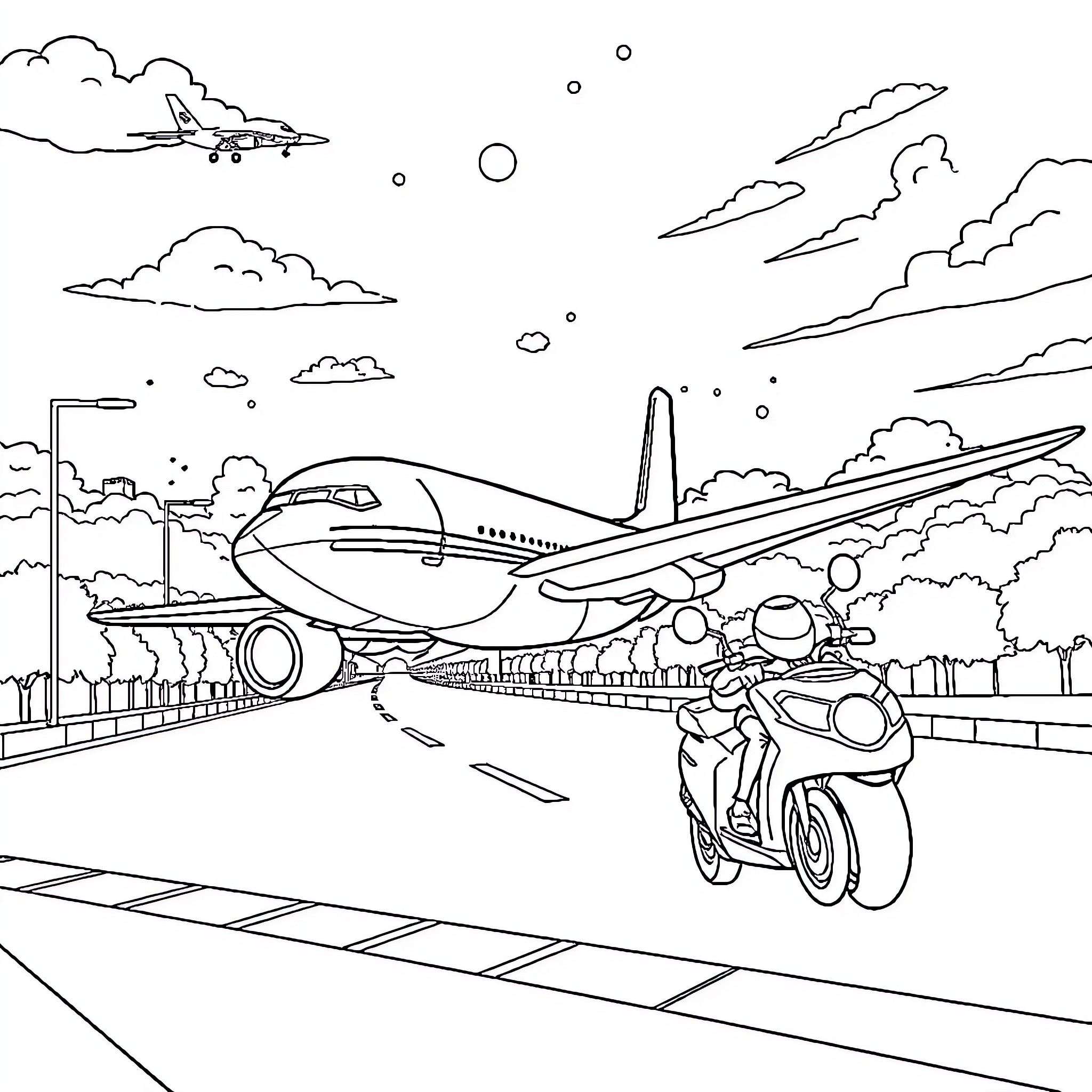 Airplane and Car on Airport Runway Coloring Page (free black-and-white line drawing printable PDF for all, from beginners to advanced learners, including children, teens, adults, and seniors)