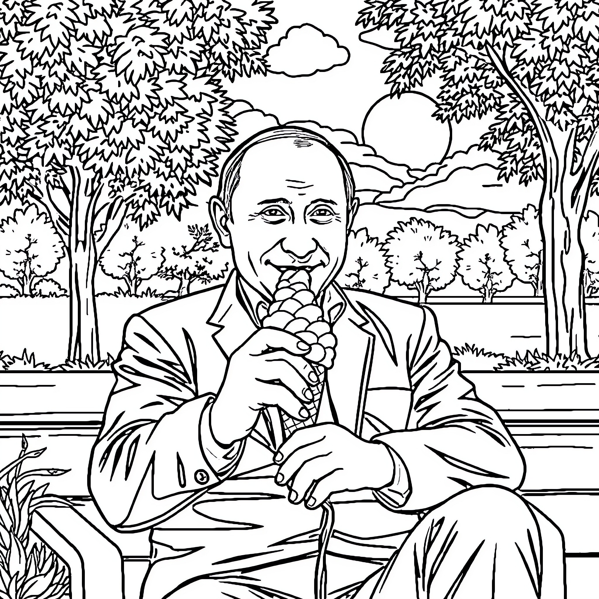 Putin Relaxing in Peaceful Park Scenery Coloring Page (free black-and-white line drawing printable PDF for all, from beginners to advanced learners, including children, teens, adults, and seniors)
