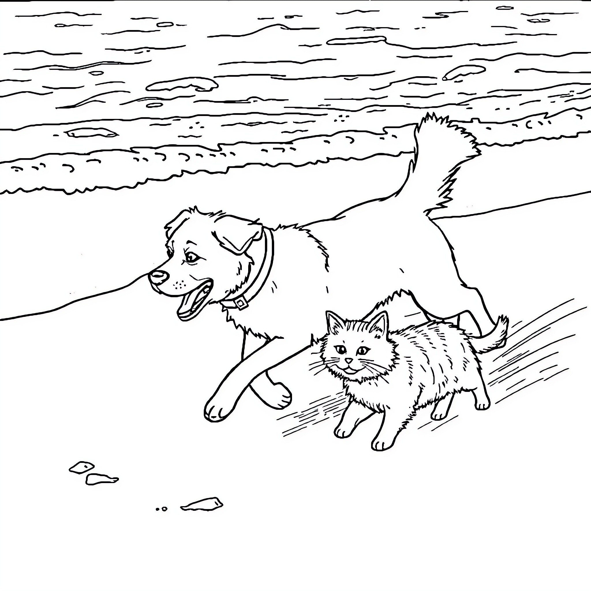 Dog and Cat Playing on the Beach Coloring Page (free black-and-white line drawing printable PDF for all, from beginners to advanced learners, including children, teens, adults, and seniors)