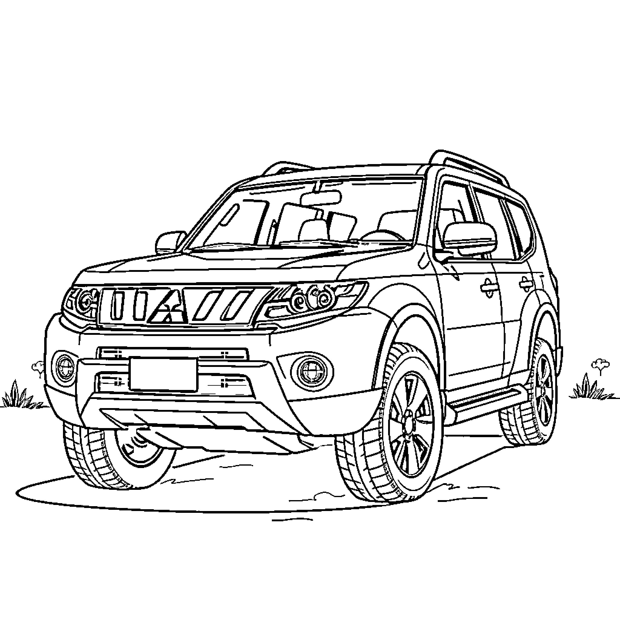 Pajero off-road vehicle in rugged terrain Coloring Page (free black-and-white line drawing printable PDF for all, from beginners to advanced learners, including children, teens, adults, and seniors)