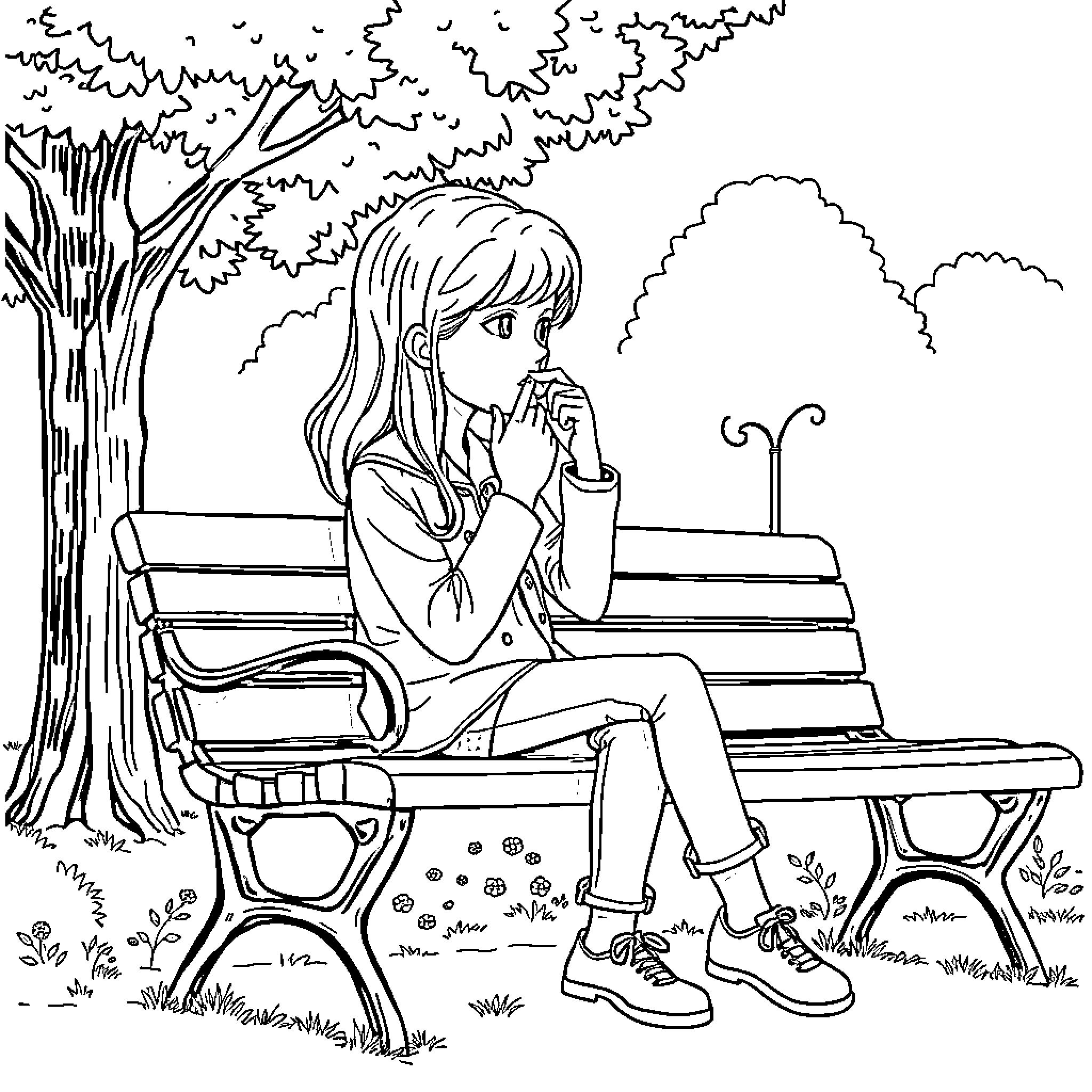 Girl sitting alone on a park bench Coloring Page (free black-and-white line drawing printable PDF for all, from beginners to advanced learners, including children, teens, adults, and seniors)