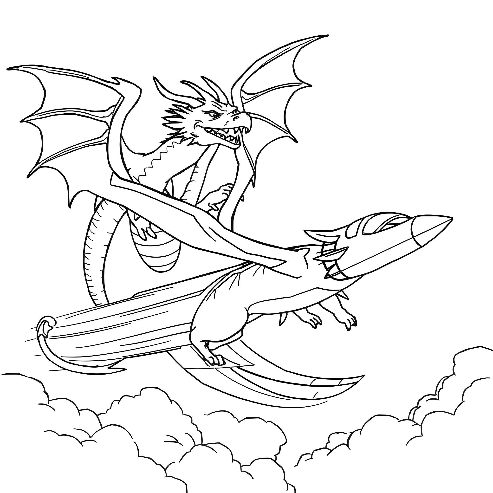 Dragon riding a rocket-powered sword through the clouds Coloring Page (free black-and-white line drawing printable PDF for all, from beginners to advanced learners, including children, teens, adults, and seniors)