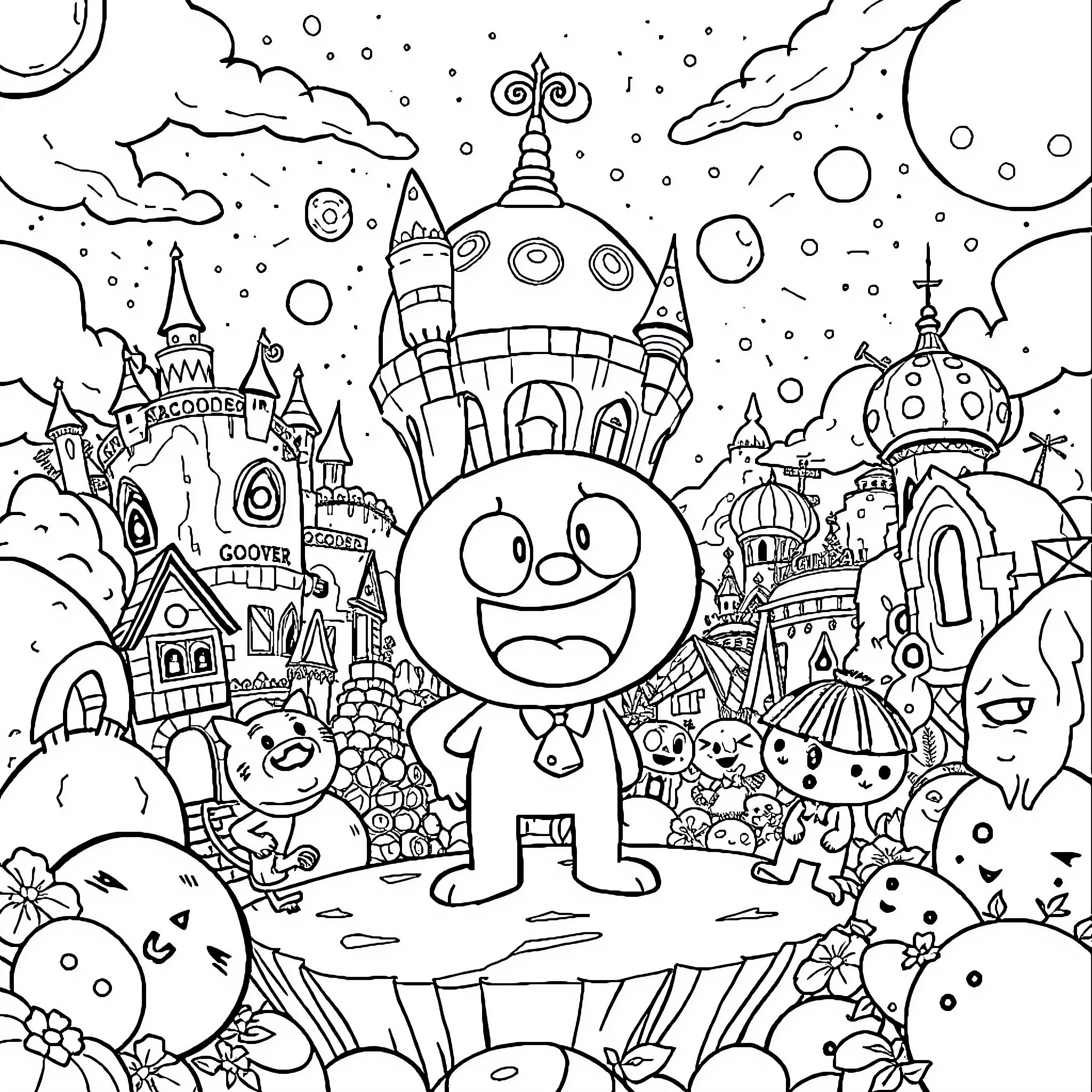 Gumball exploring a whimsical fantasy world Coloring Page (free black-and-white line drawing printable PDF for all, from beginners to advanced learners, including children, teens, adults, and seniors)