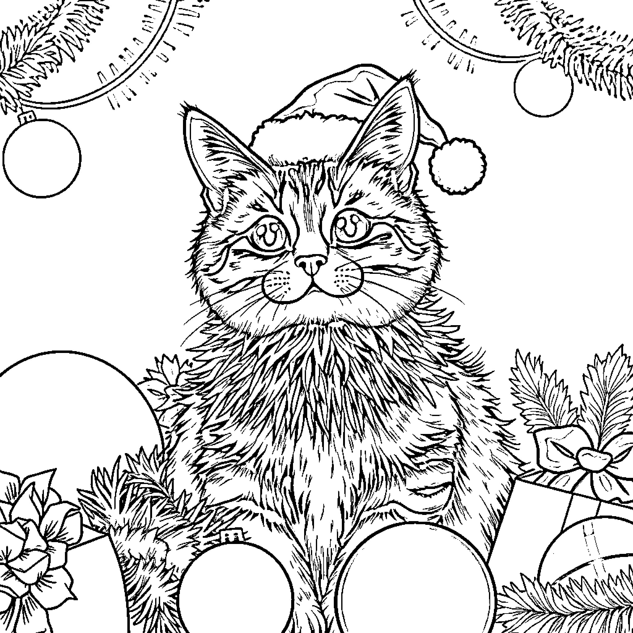 Cat in festive attire surrounded by whimsical decorations Coloring Page (free black-and-white line drawing printable PDF for all, from beginners to advanced learners, including children, teens, adults, and seniors)