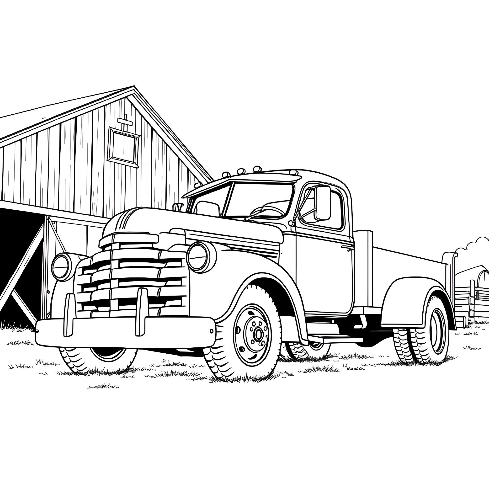 Truck parked near rustic wooden barn Coloring Page (free black-and-white line drawing printable PDF for all, from beginners to advanced learners, including children, teens, adults, and seniors)