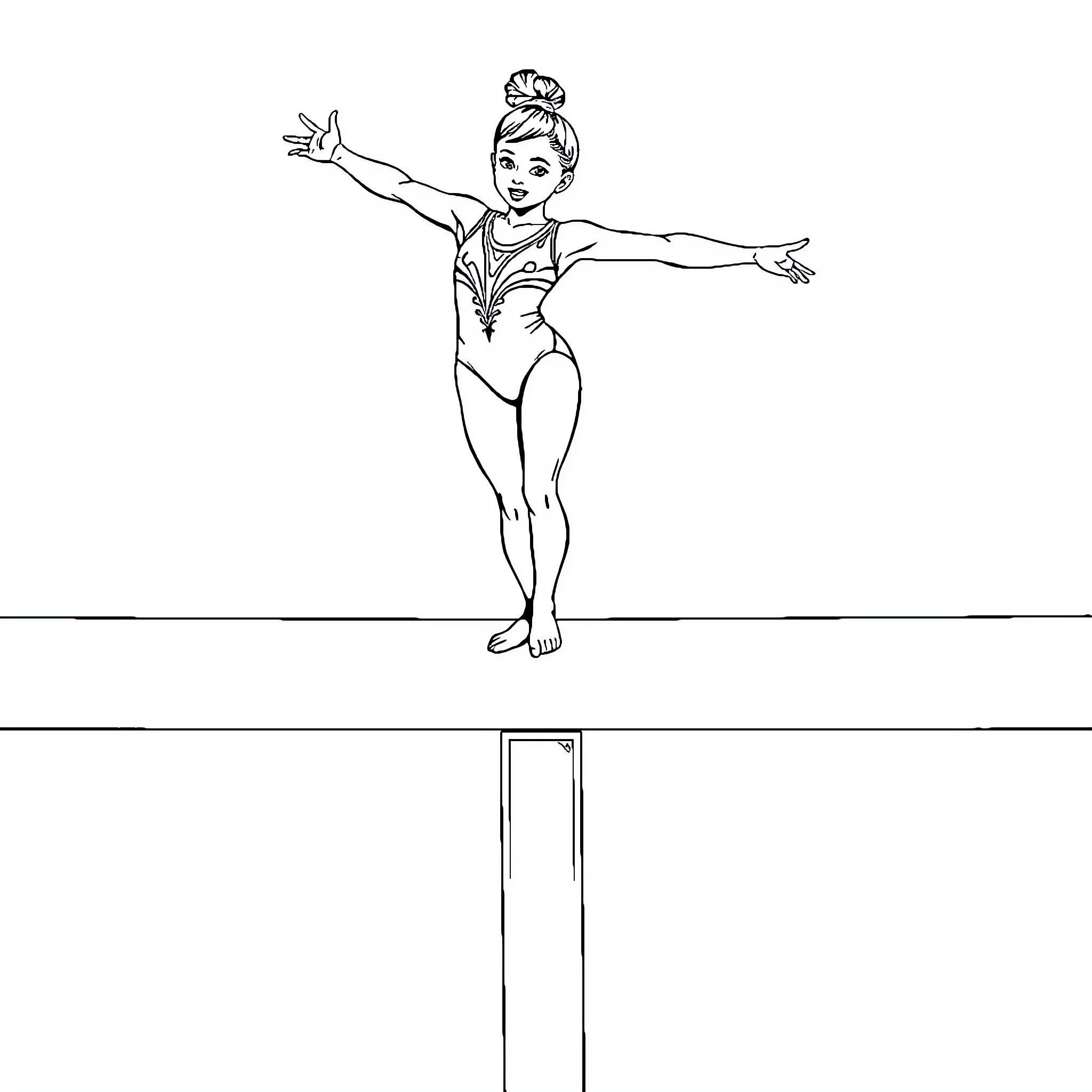 Gymnast performing acrobatic routine on balance beam Coloring Page (free black-and-white line drawing printable PDF for all, from beginners to advanced learners, including children, teens, adults, and seniors)
