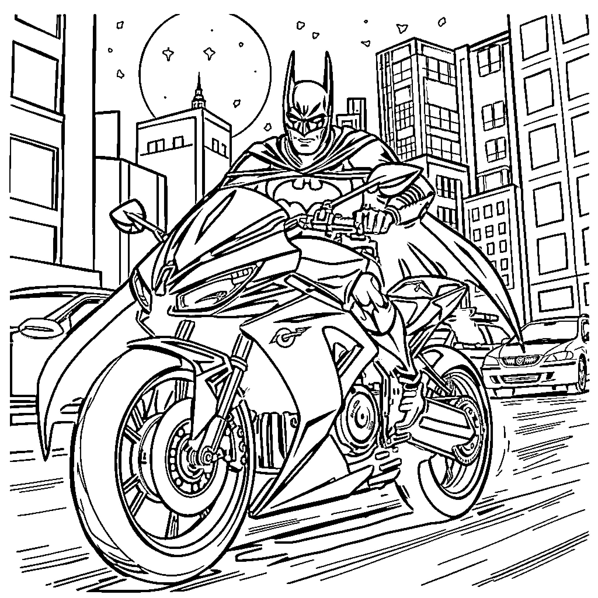 Batman Riding a Motorcycle Through the City Coloring Page (free black-and-white line drawing printable PDF for all, from beginners to advanced learners, including children, teens, adults, and seniors)