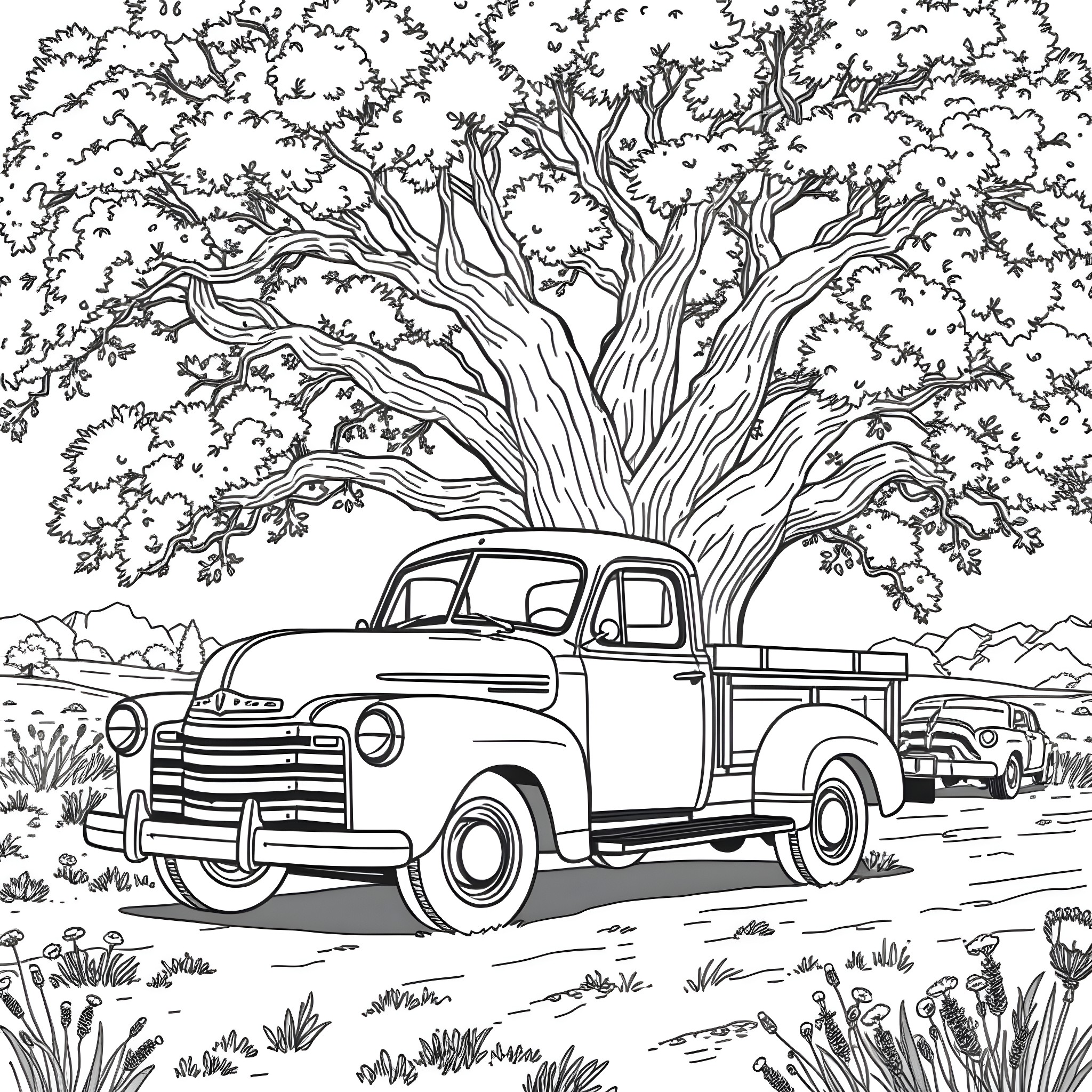 Truck parked under the shade of a large tree Coloring Page (free black-and-white line drawing printable PDF for all, from beginners to advanced learners, including children, teens, adults, and seniors)