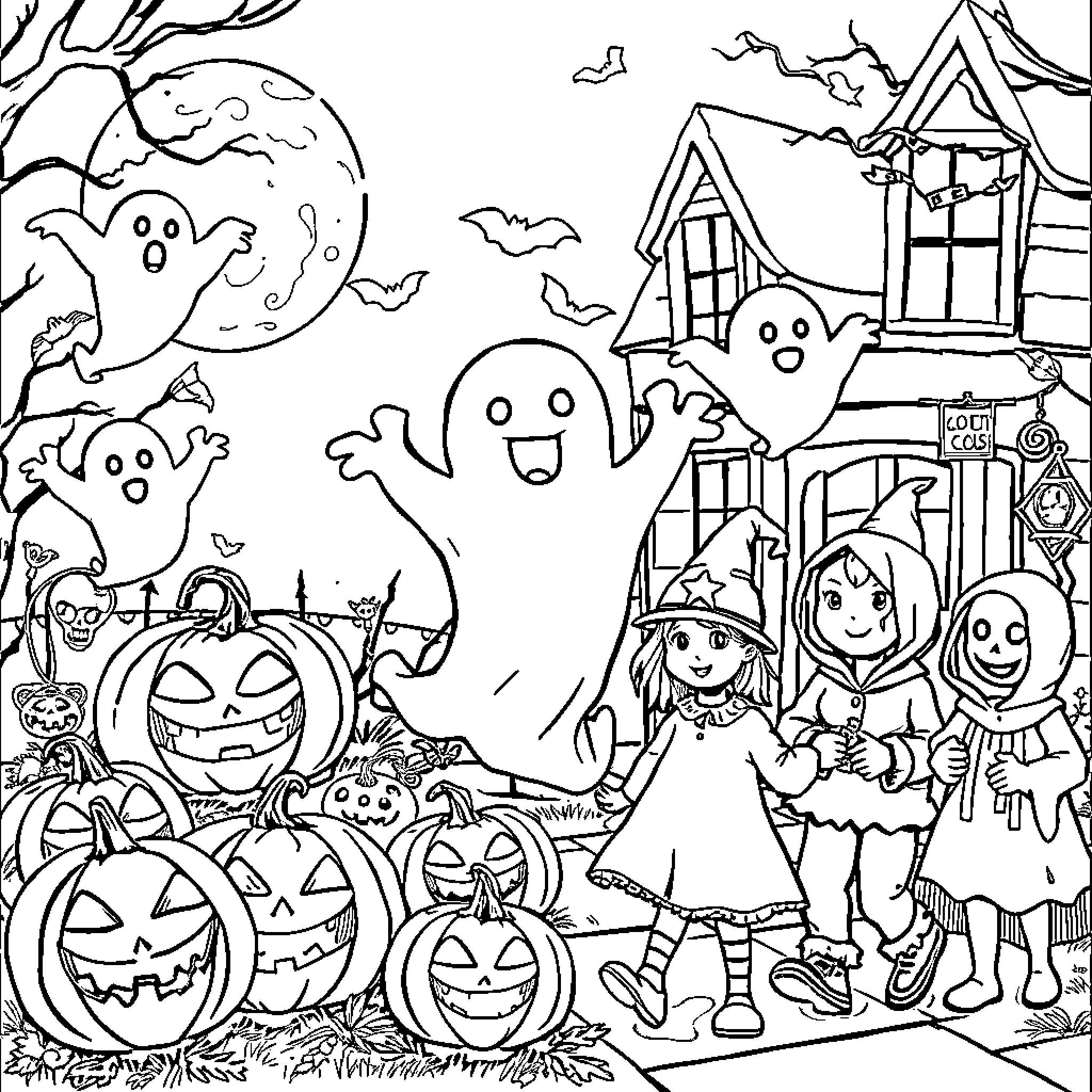 Halloween night with ghosts, jack-o-lanterns, and trick-or-treaters Coloring Page (free black-and-white line drawing printable PDF for all, from beginners to advanced learners, including children, teens, adults, and seniors)