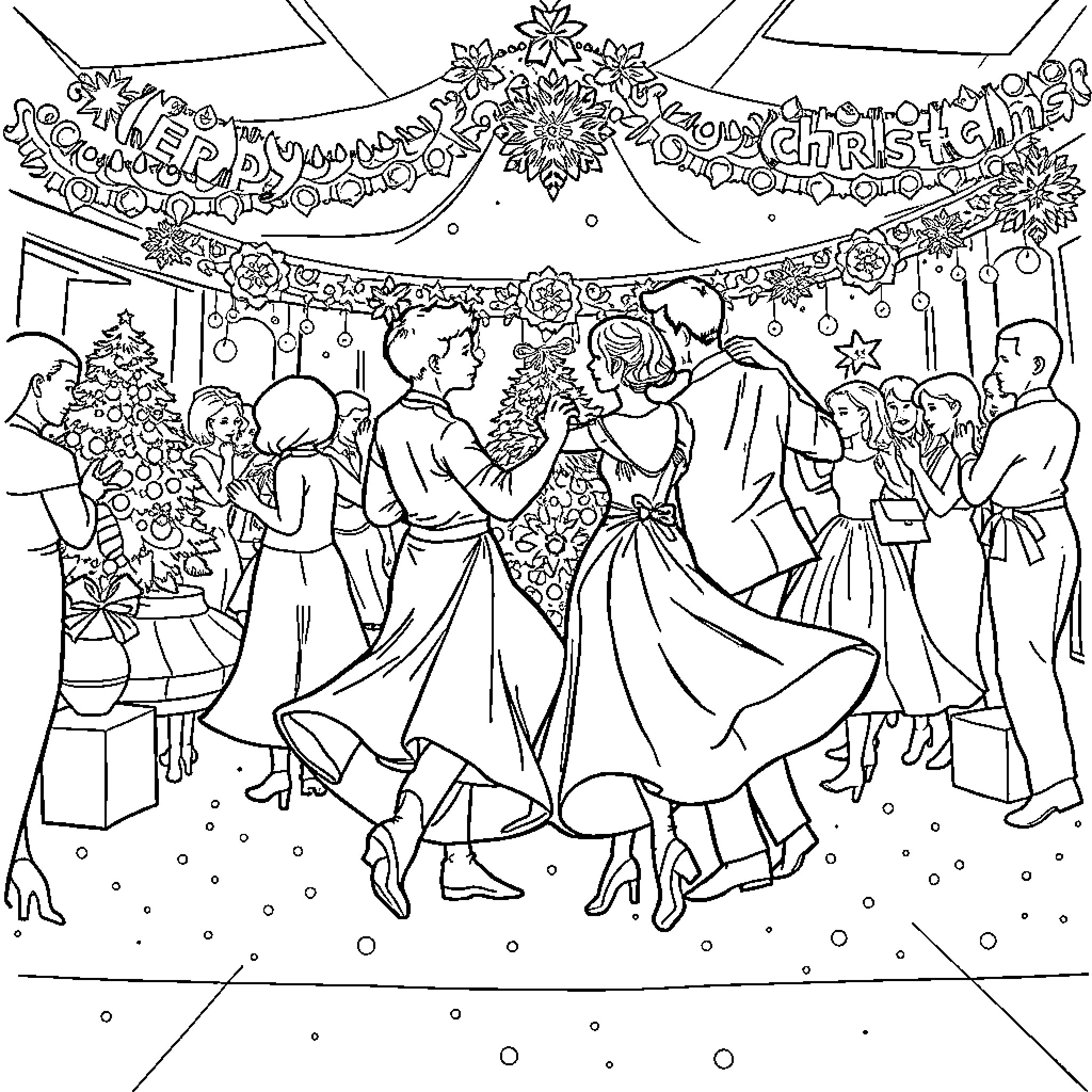 Dancers celebrating joyous Christmas festivities Coloring Page (free black-and-white line drawing printable PDF for all, from beginners to advanced learners, including children, teens, adults, and seniors)