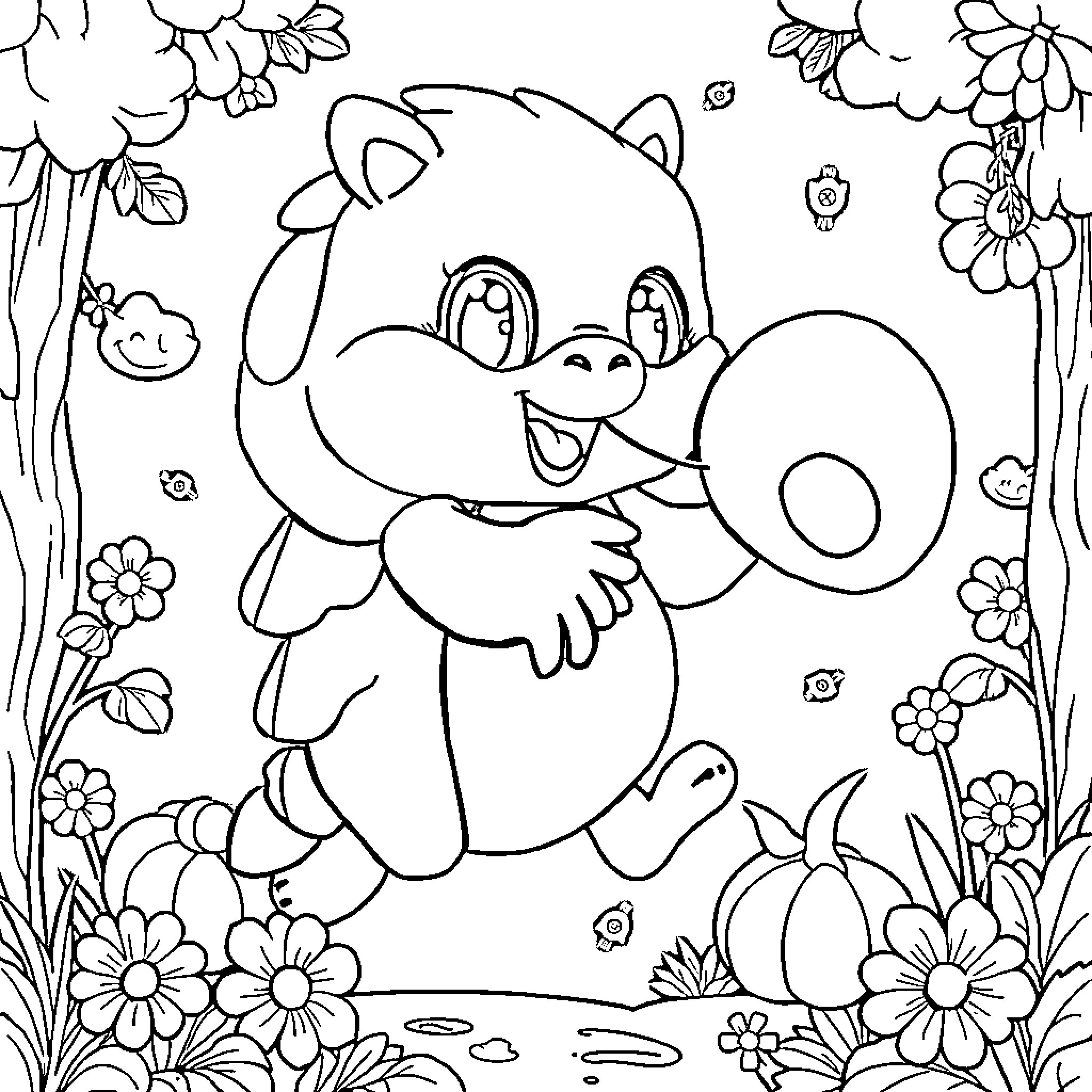 Kids playing with a cute cartoon animal in a floral field Coloring Page (free black-and-white line drawing printable PDF for all, from beginners to advanced learners, including children, teens, adults, and seniors)