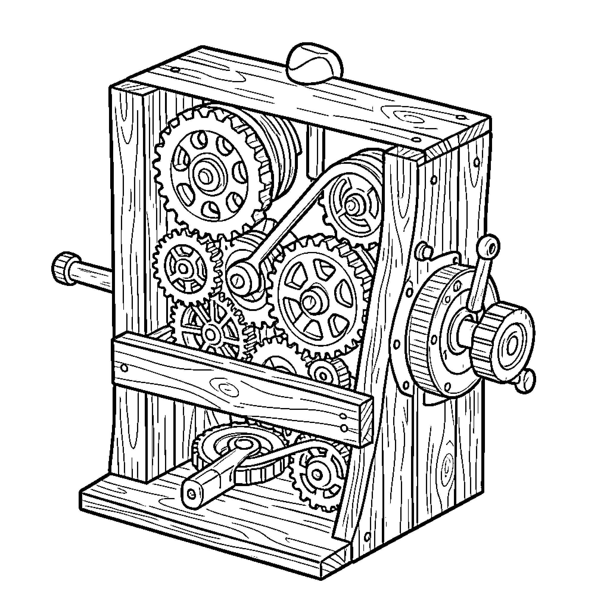 Wood Machine with Intricate Gears and Mechanisms Coloring Page (free black-and-white line drawing printable PDF for all, from beginners to advanced learners, including children, teens, adults, and seniors)