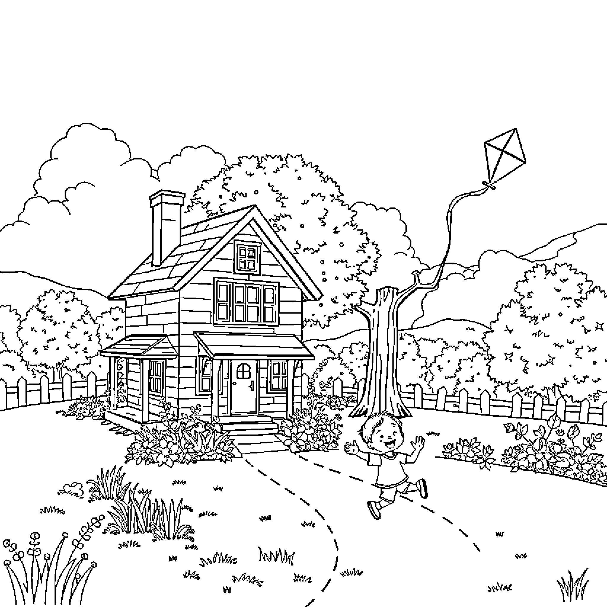 House with child playing in the yard Coloring Page (free black-and-white line drawing printable PDF for all, from beginners to advanced learners, including children, teens, adults, and seniors)