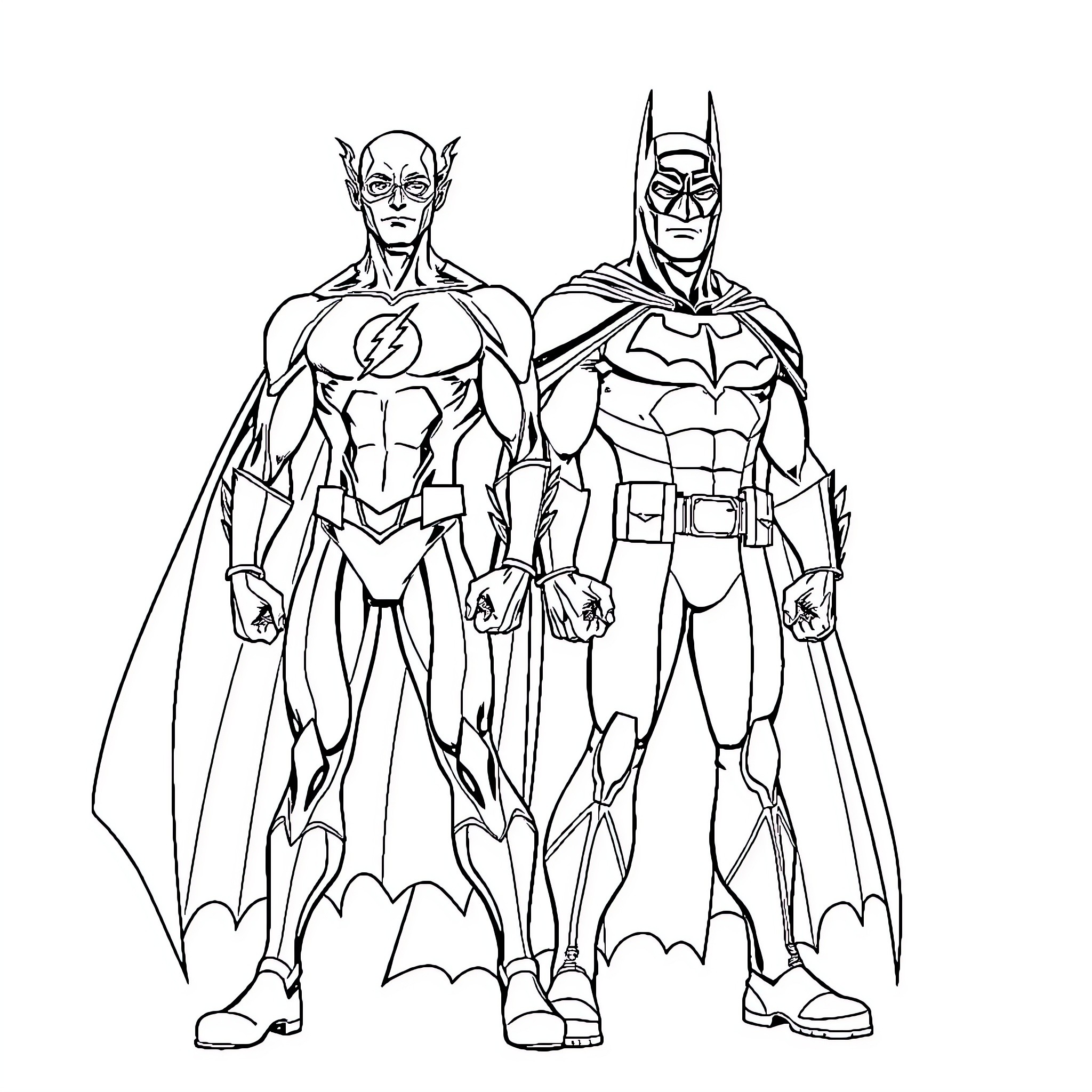 Flash of Heroic Duo in Caped Costumes Coloring Page (free black-and-white line drawing printable PDF for all, from beginners to advanced learners, including children, teens, adults, and seniors)