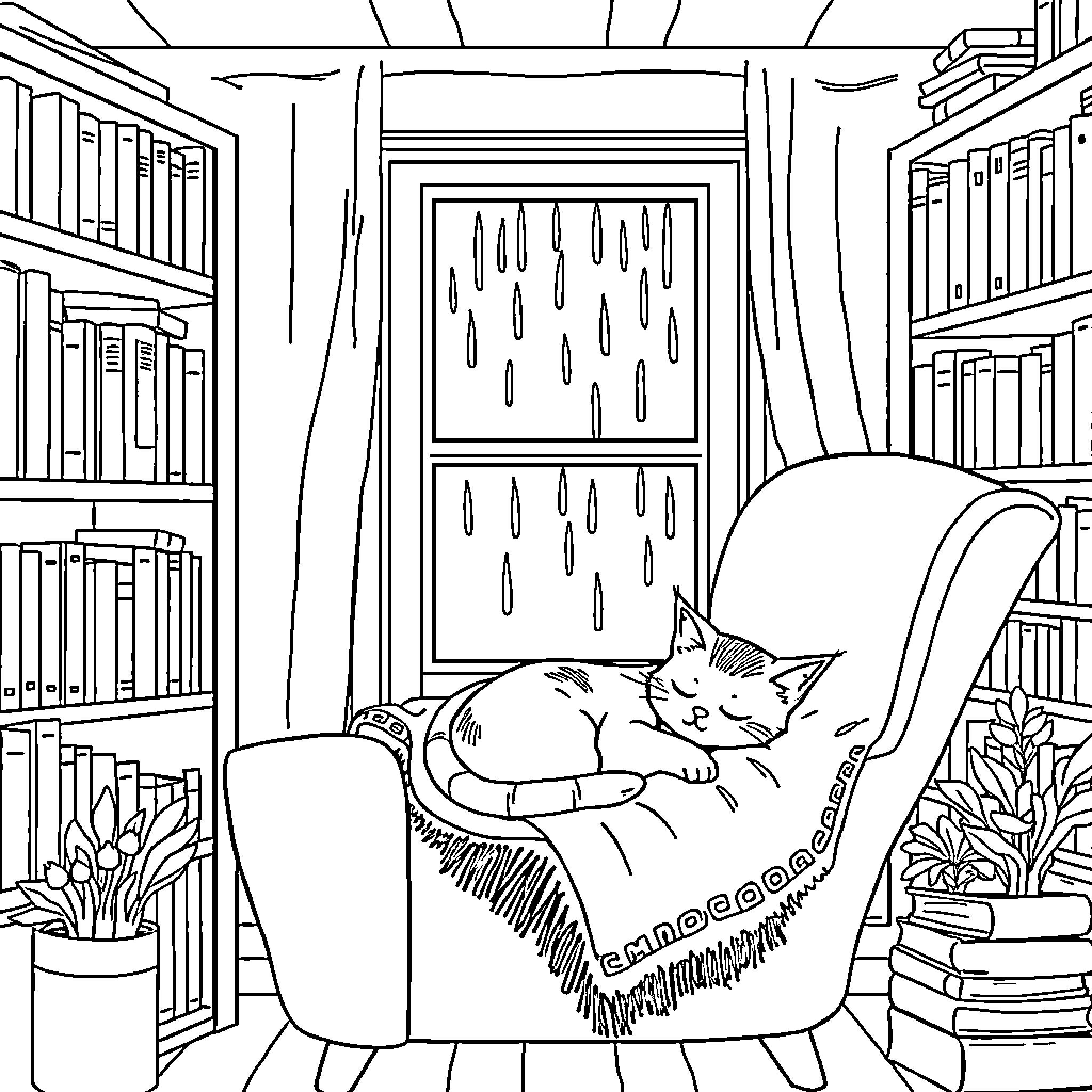 Cat snoozing comfortably on an armchair in a cozy library Coloring Page (free black-and-white line drawing printable PDF for all, from beginners to advanced learners, including children, teens, adults, and seniors)