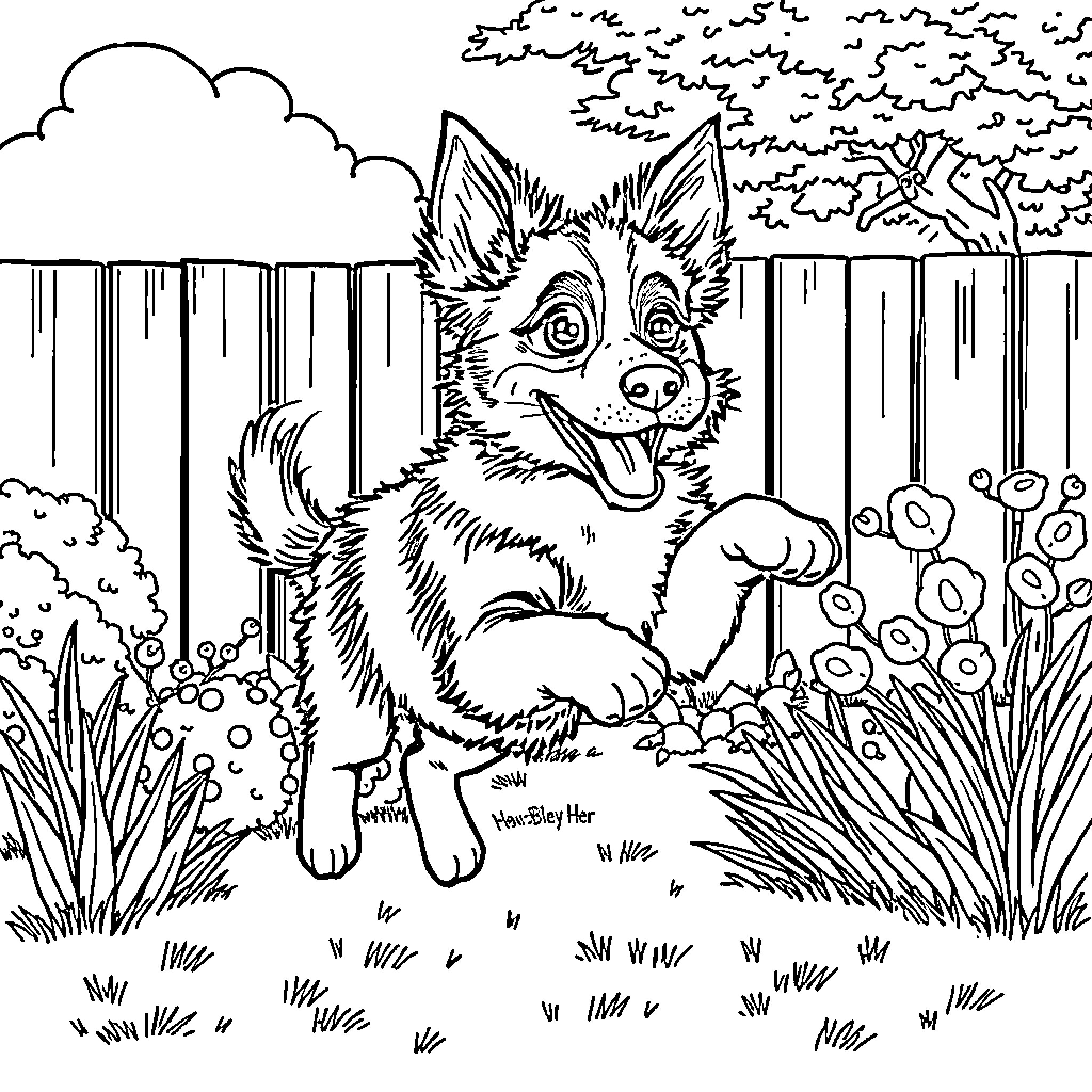 Bluey playing happily in the backyard Coloring Page (free black-and-white line drawing printable PDF for all, from beginners to advanced learners, including children, teens, adults, and seniors)