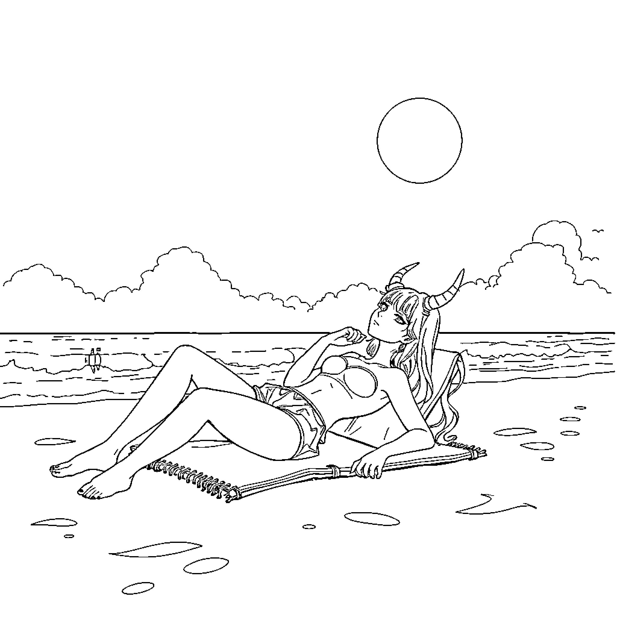 Rumi relaxing peacefully on the beach Coloring Page (free black-and-white line drawing printable PDF for all, from beginners to advanced learners, including children, teens, adults, and seniors)
