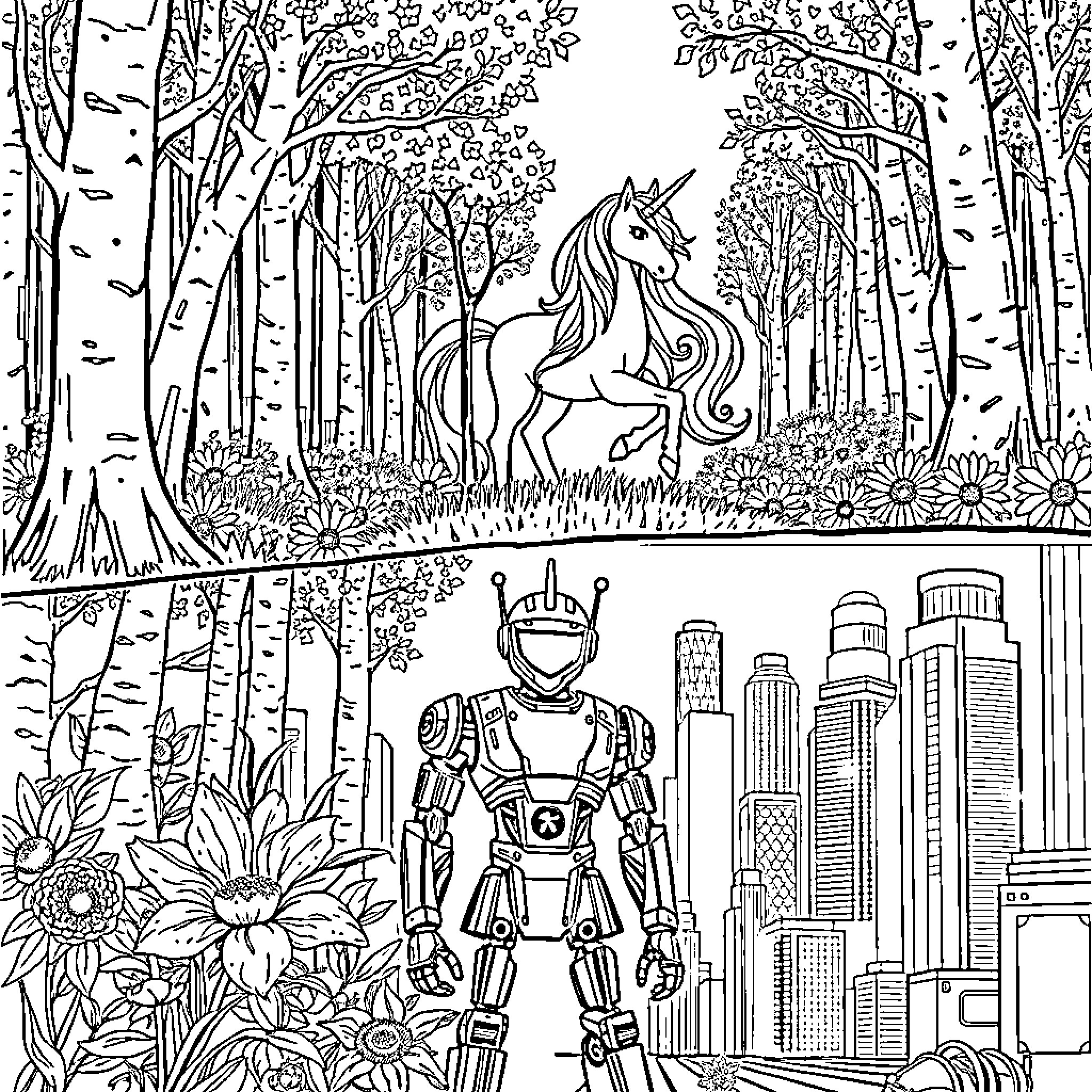 Unicorn in the enchanted forest and robot in the city Coloring Page (free black-and-white line drawing printable PDF for all, from beginners to advanced learners, including children, teens, adults, and seniors)