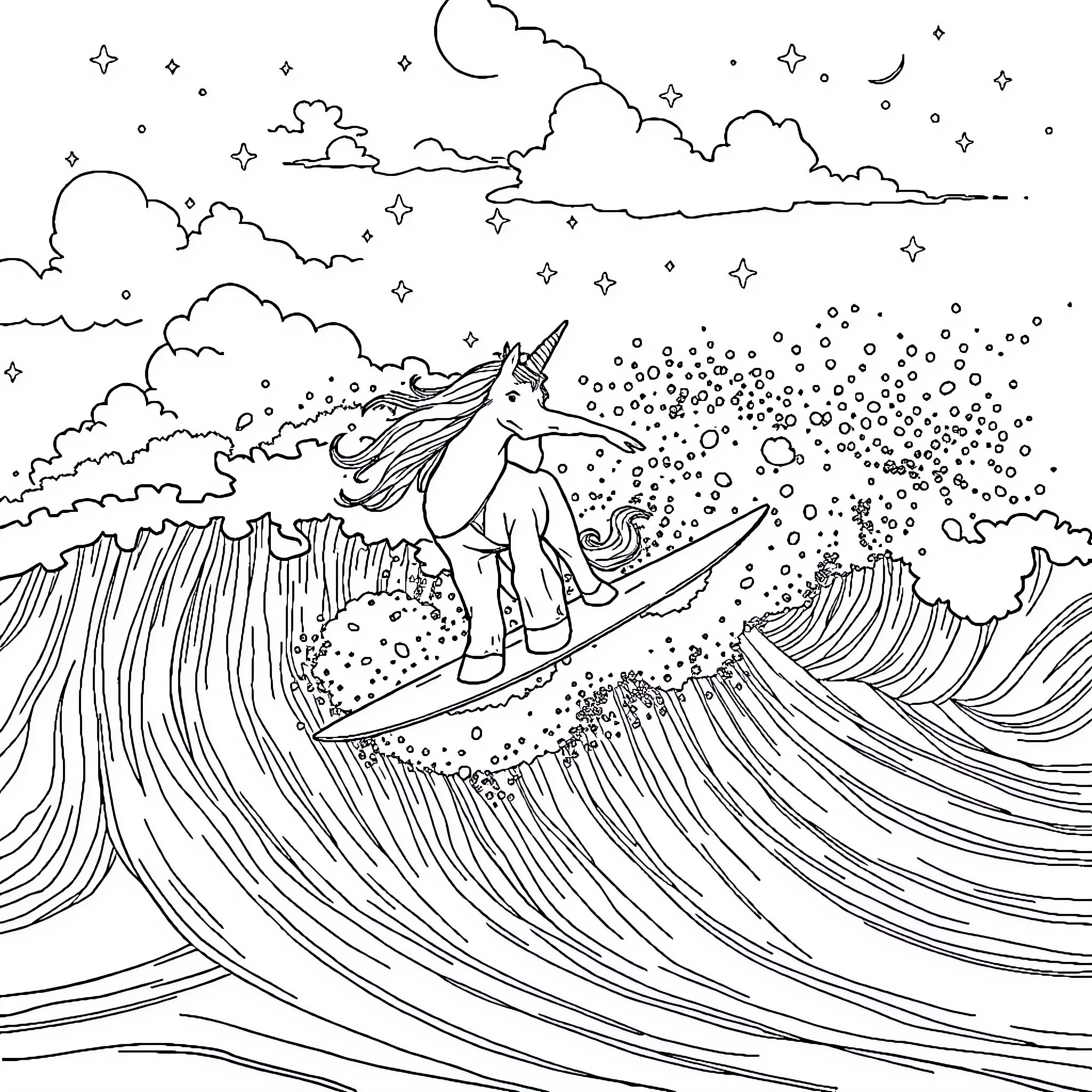 Unicorn Surfing Magical Waves Under Starry Sky Coloring Page (free black-and-white line drawing printable PDF for all, from beginners to advanced learners, including children, teens, adults, and seniors)