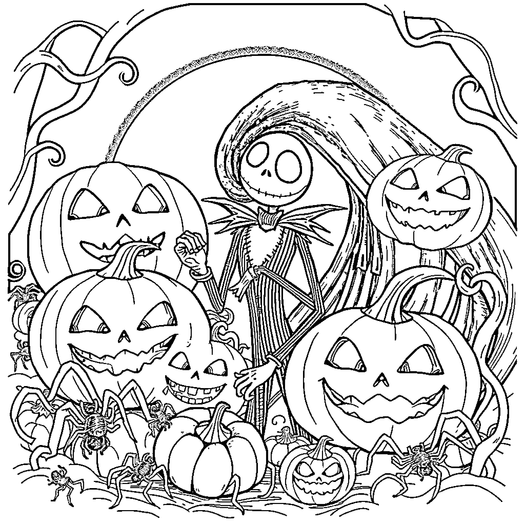 Jack Skellington surrounded by Halloween decorations and characters Coloring Page (free black-and-white line drawing printable PDF for all, from beginners to advanced learners, including children, teens, adults, and seniors)
