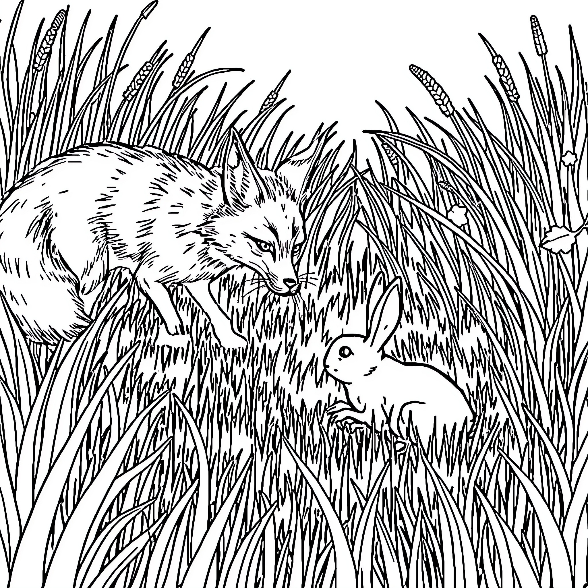 Fox stalking prey in tall grass Coloring Page (free black-and-white line drawing printable PDF for all, from beginners to advanced learners, including children, teens, adults, and seniors)