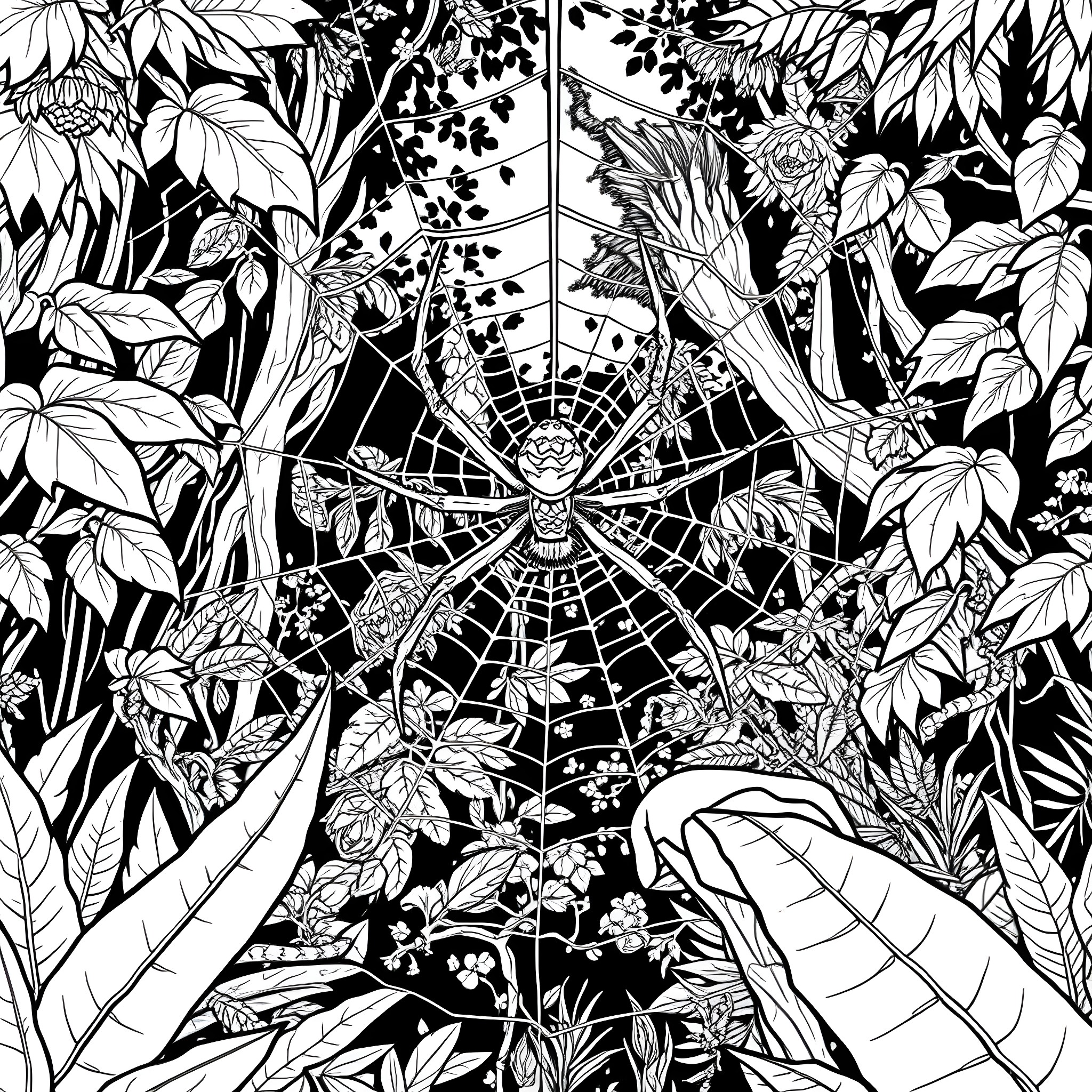 Spider in the Enchanted Jungle Coloring Page (free black-and-white line drawing printable PDF for all, from beginners to advanced learners, including children, teens, adults, and seniors)