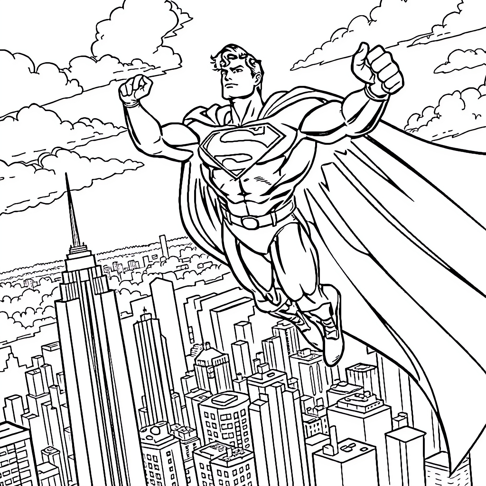 Superman soaring over the city with heroic pose Coloring Page (free black-and-white line drawing printable PDF for all, from beginners to advanced learners, including children, teens, adults, and seniors)
