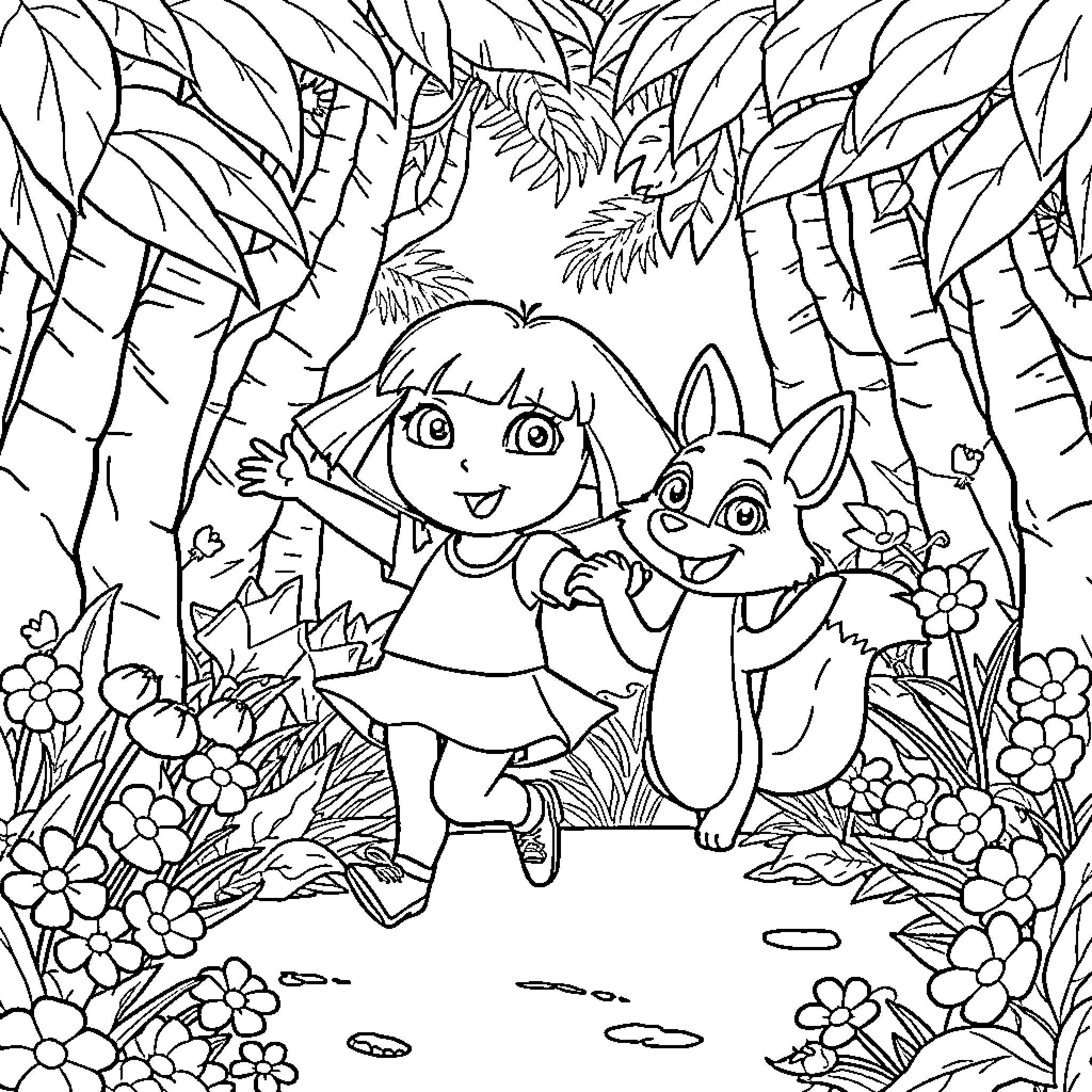 Dora and Boots exploring the magical jungle Coloring Page (free black-and-white line drawing printable PDF for all, from beginners to advanced learners, including children, teens, adults, and seniors)
