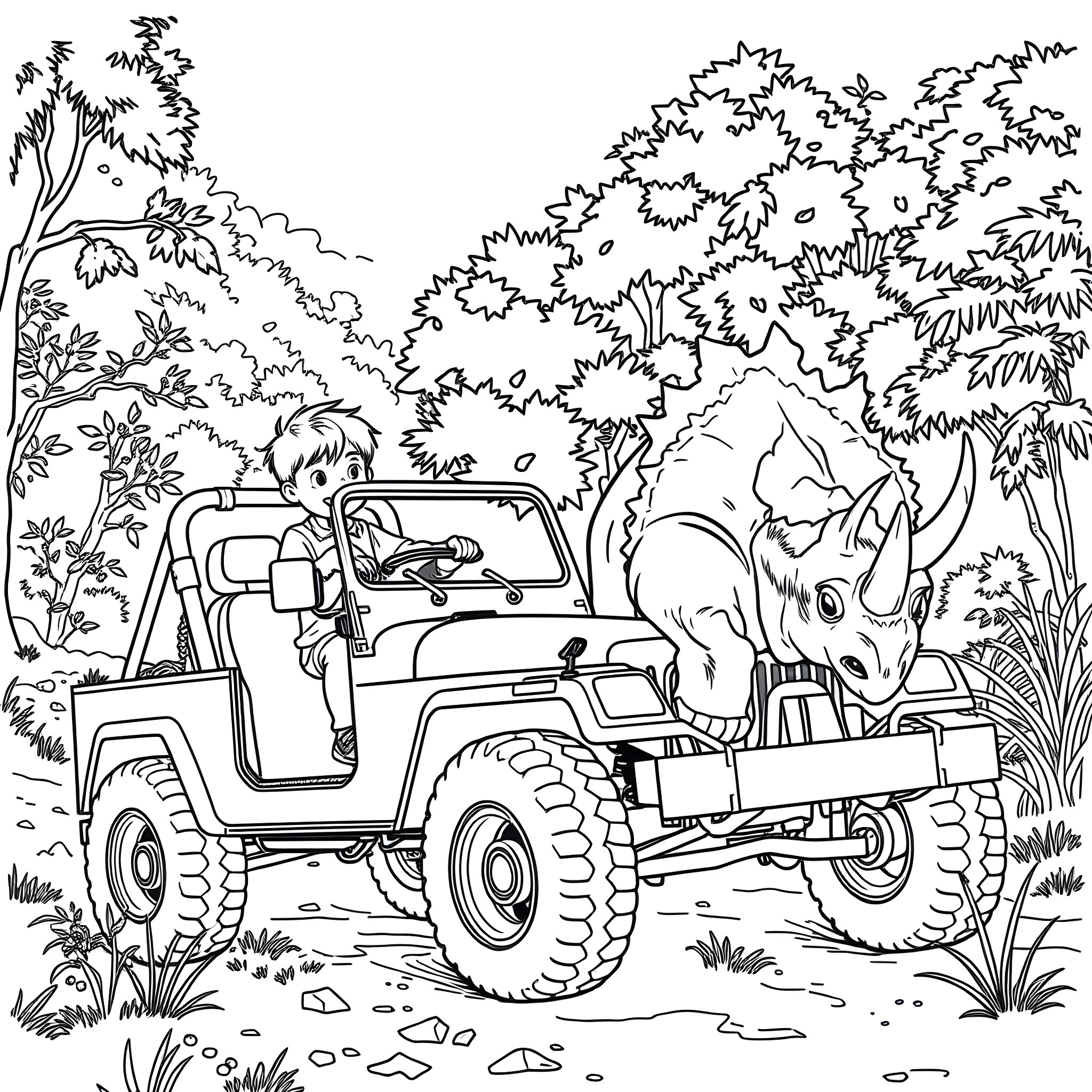 Boy driving off-road vehicle amidst nature scenery Coloring Page (free black-and-white line drawing printable PDF for all, from beginners to advanced learners, including children, teens, adults, and seniors)