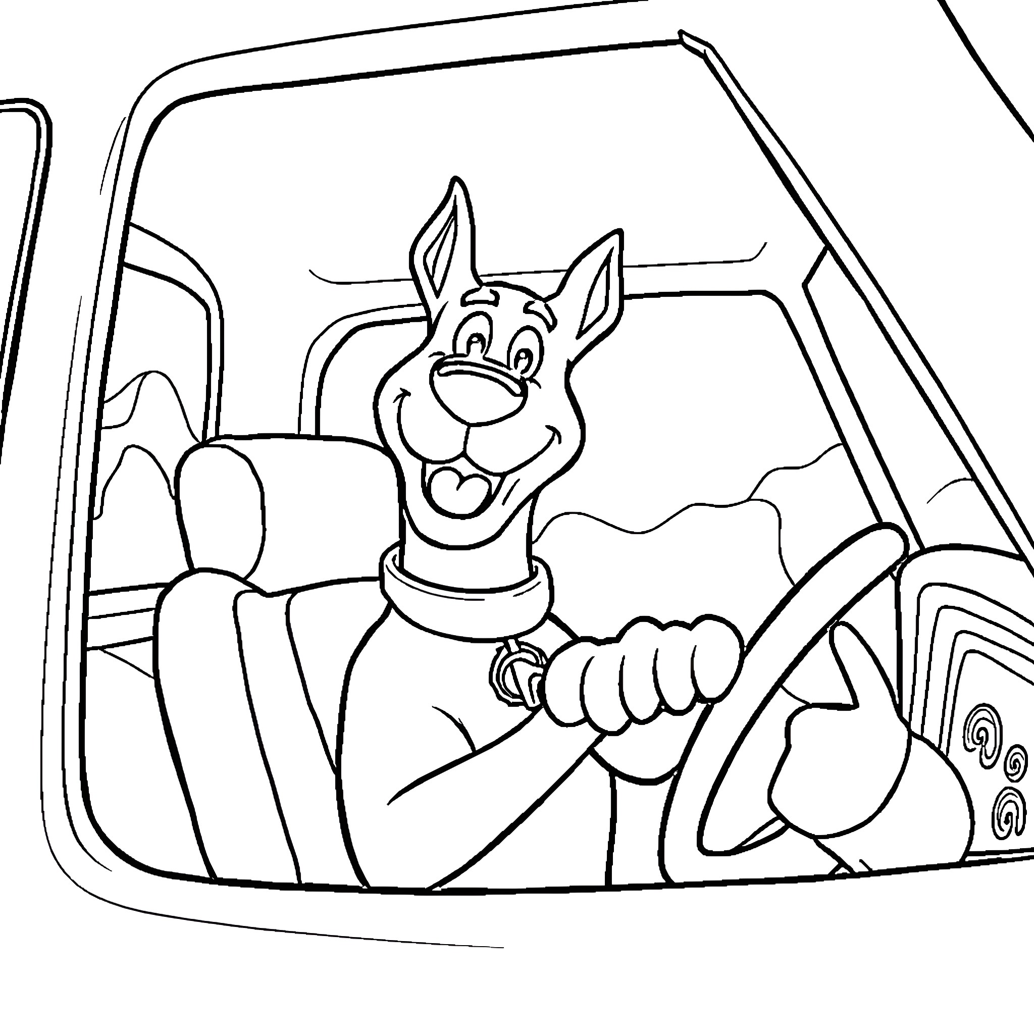 Scooby Doo driving a vehicle happily Coloring Page (free black-and-white line drawing printable PDF for all, from beginners to advanced learners, including children, teens, adults, and seniors)