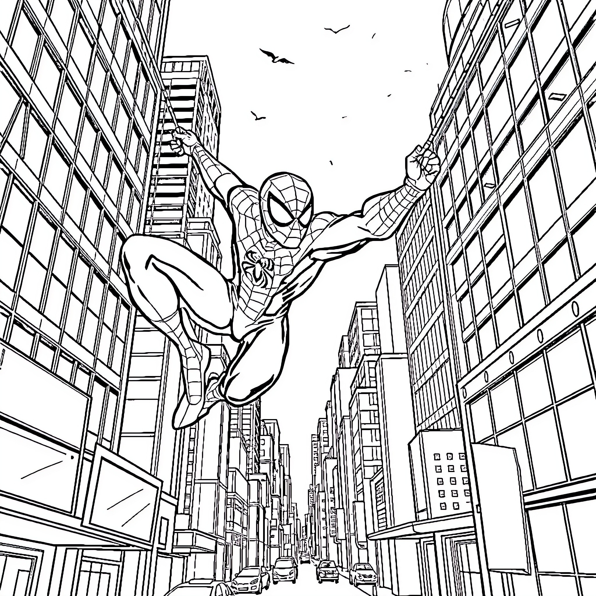 Spiderman swinging through the city skyline Coloring Page (free black-and-white line drawing printable PDF for all, from beginners to advanced learners, including children, teens, adults, and seniors)