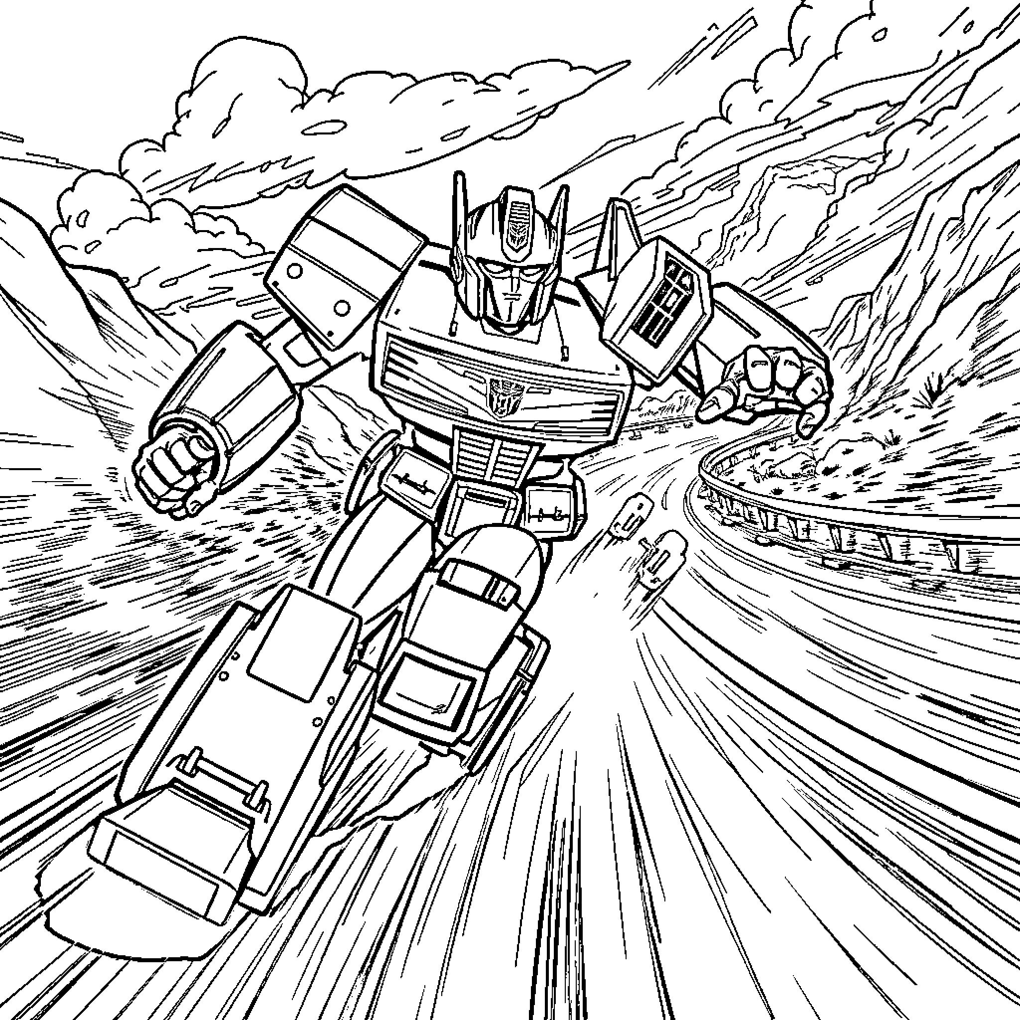 Optimus Prime in epic action battle scene Coloring Page (free black-and-white line drawing printable PDF for all, from beginners to advanced learners, including children, teens, adults, and seniors)