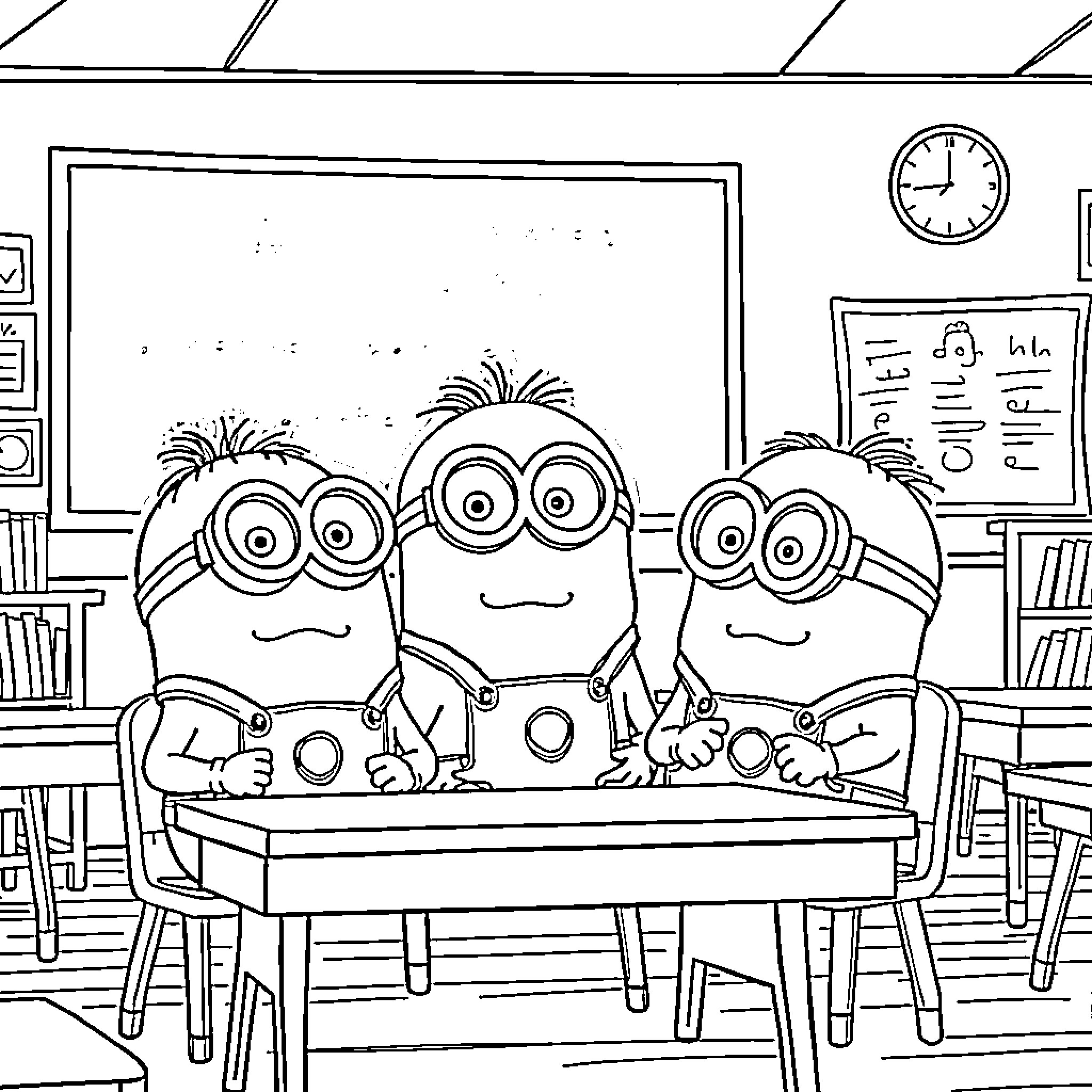 Minions attending a classroom lesson Coloring Page (free black-and-white line drawing printable PDF for all, from beginners to advanced learners, including children, teens, adults, and seniors)