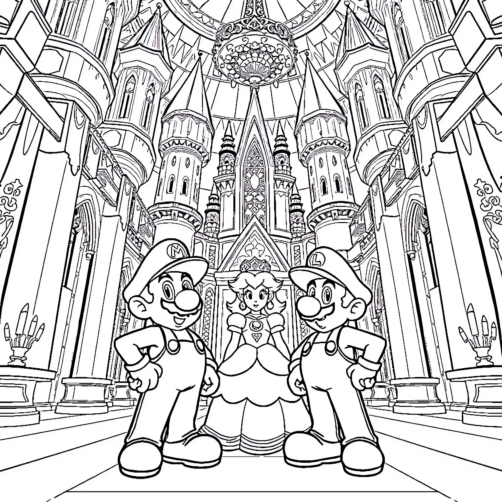 Mario and Friends in a Fantastical Castle Coloring Page (free black-and-white line drawing printable PDF for all, from beginners to advanced learners, including children, teens, adults, and seniors)