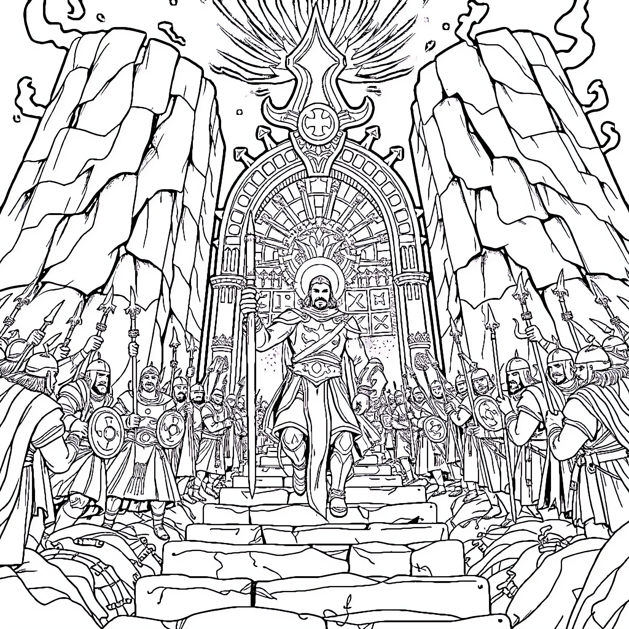Soldier stands amidst dramatic rock formations and worshippers Coloring Page (free black-and-white line drawing printable PDF for all, from beginners to advanced learners, including children, teens, adults, and seniors)
