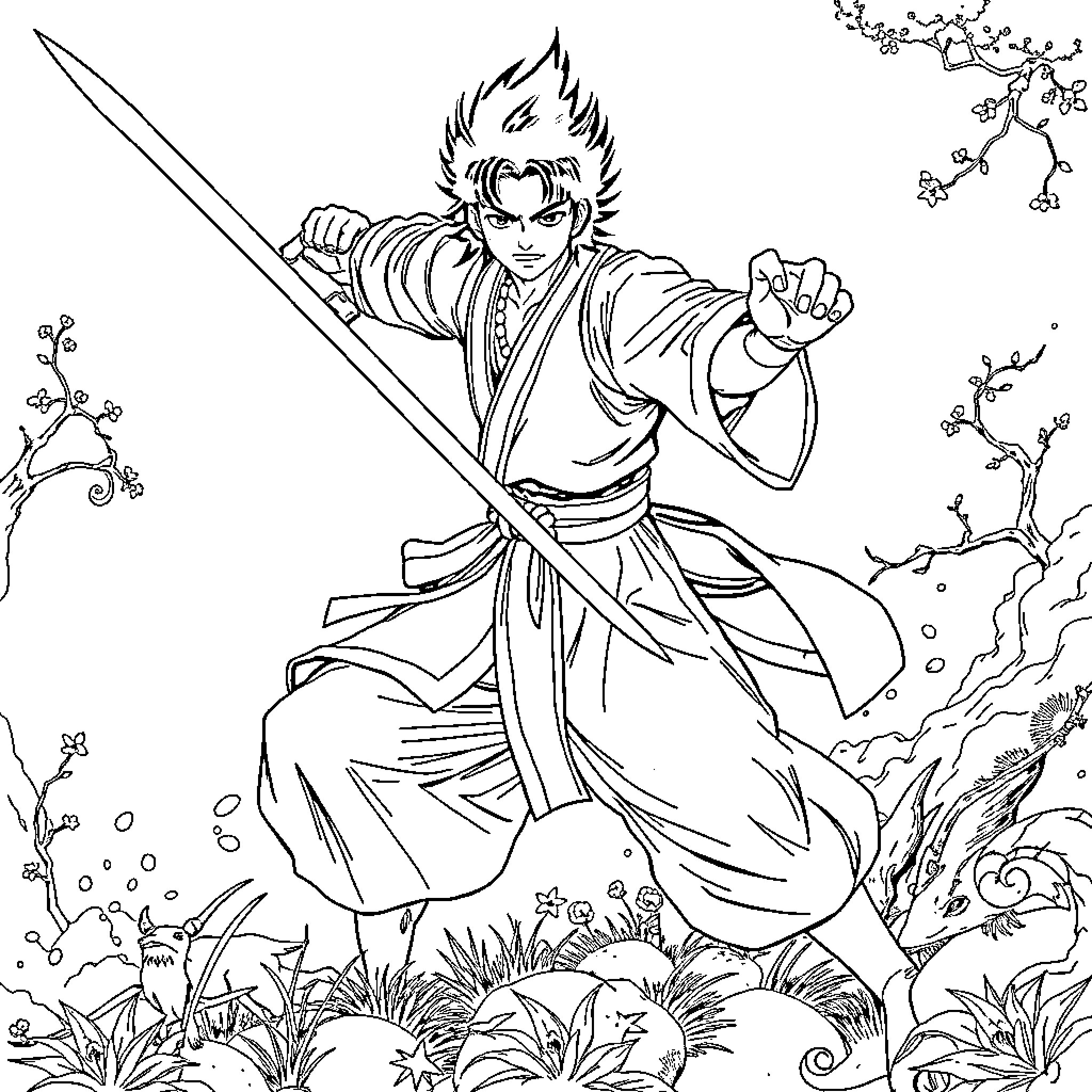 Inosuke battling fiercely in a nature-filled setting Coloring Page (free black-and-white line drawing printable PDF for all, from beginners to advanced learners, including children, teens, adults, and seniors)