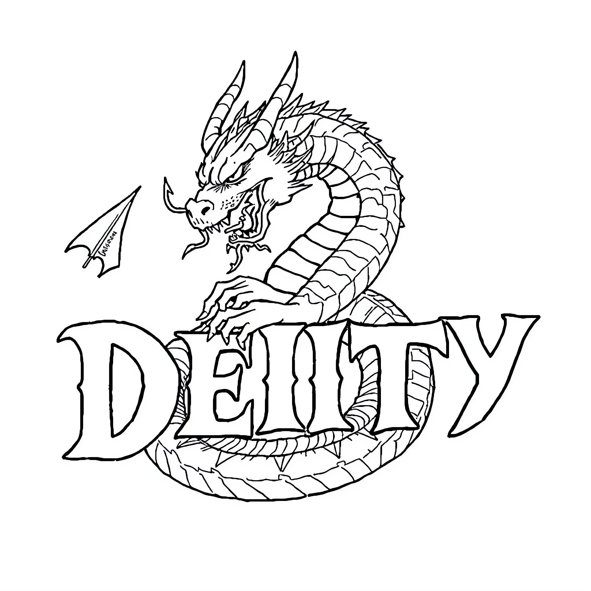 Dragon Coiling Around Lettered Name Coloring Page (free black-and-white line drawing printable PDF for all, from beginners to advanced learners, including children, teens, adults, and seniors)